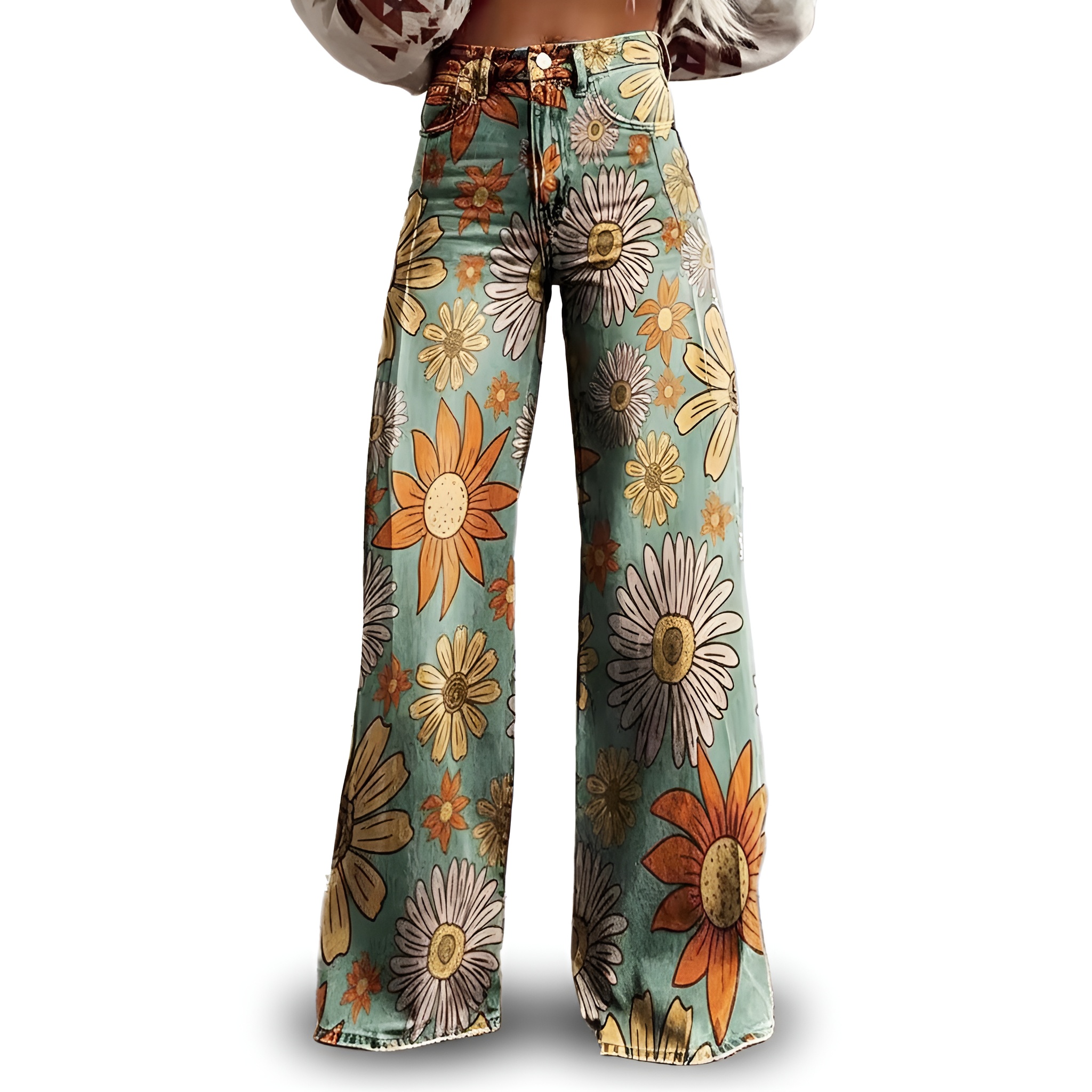 Vintage Gradient Faux Denim Wide Cut Casual Pants
