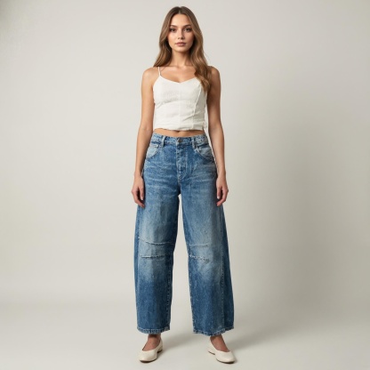 Mid Rise Barrel Shape Denim Jeans