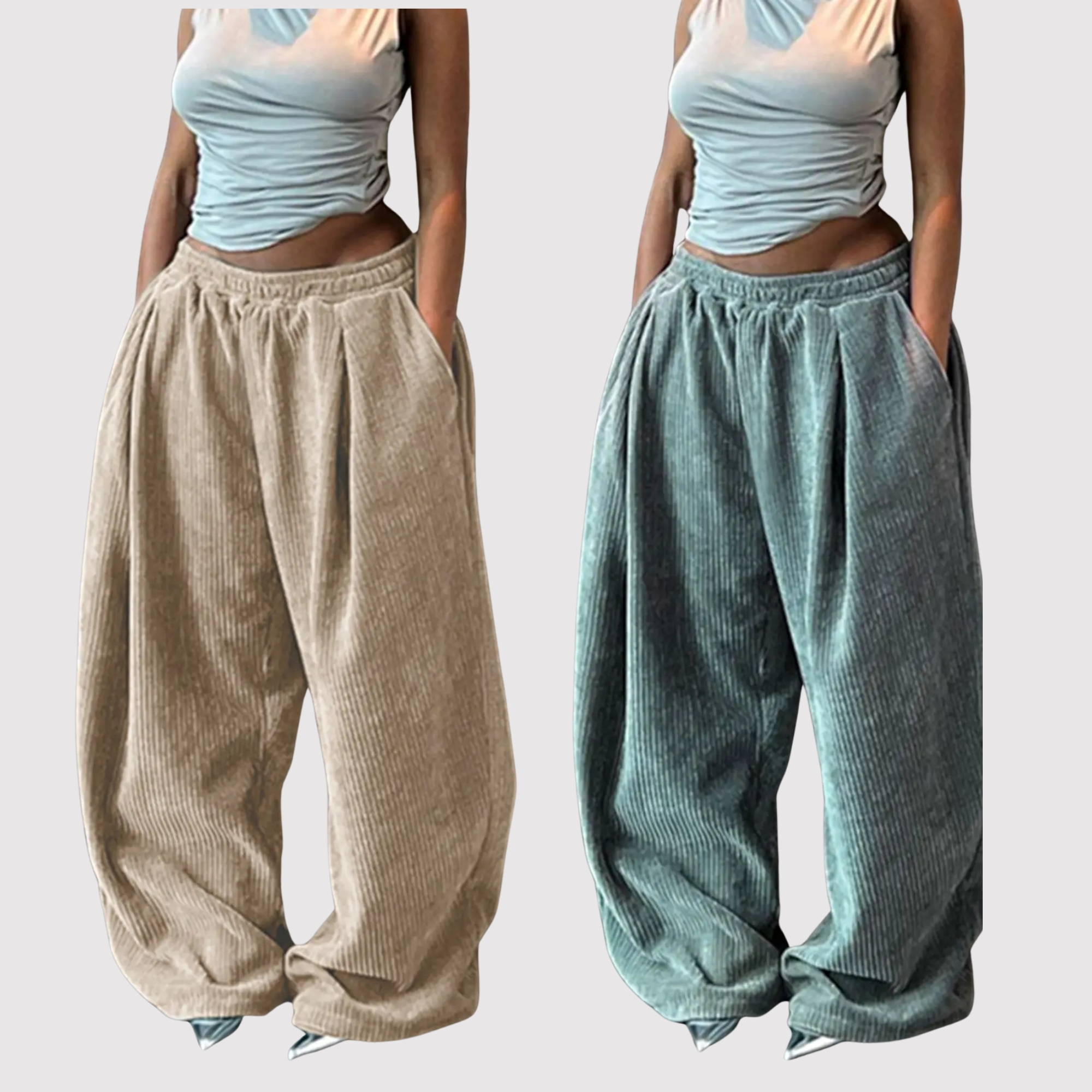 Pack Of 2 Textured Loose Fit Casual Trousers With Drawstring For Women