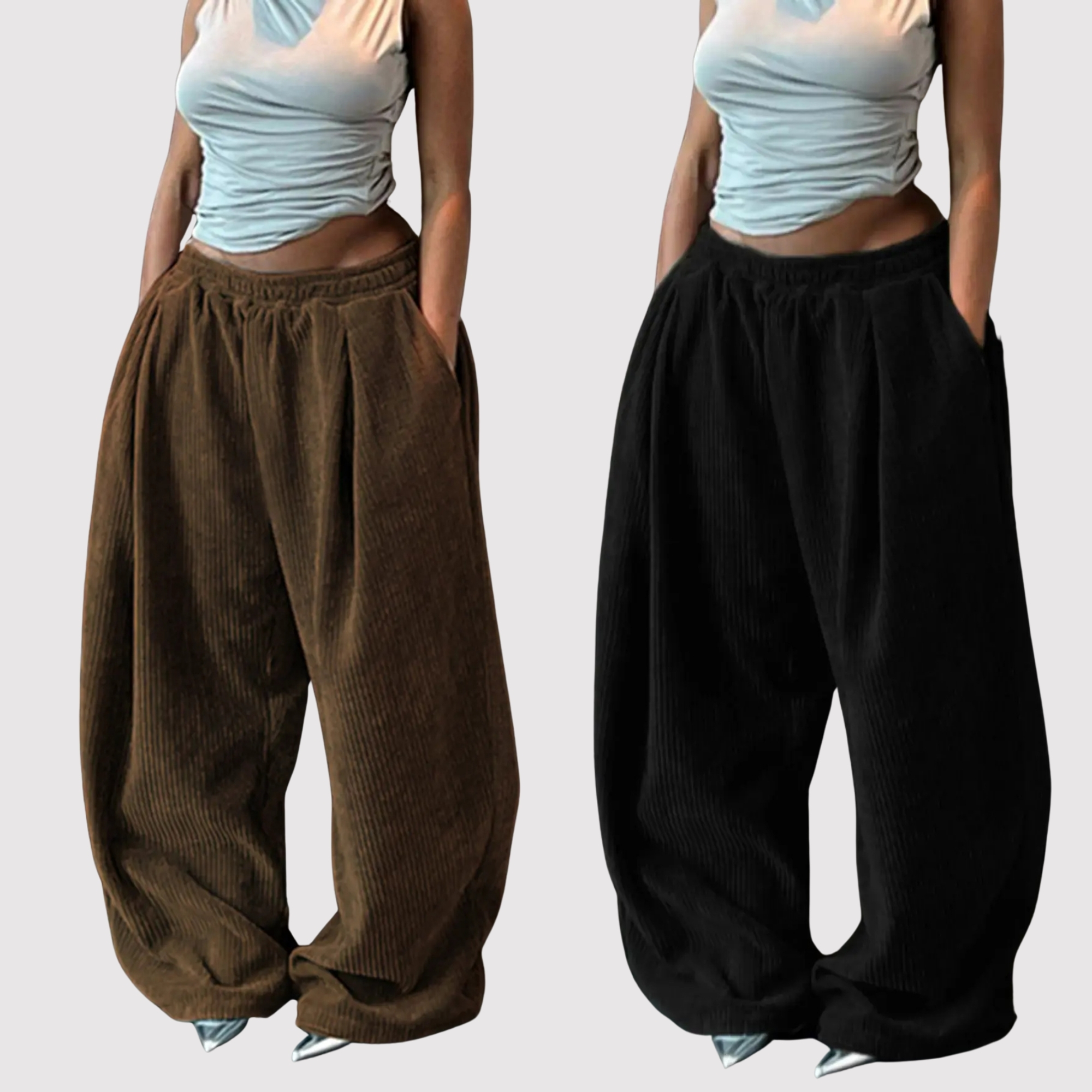 Pack Of 2 Textured Loose Fit Casual Trousers With Drawstring For Women