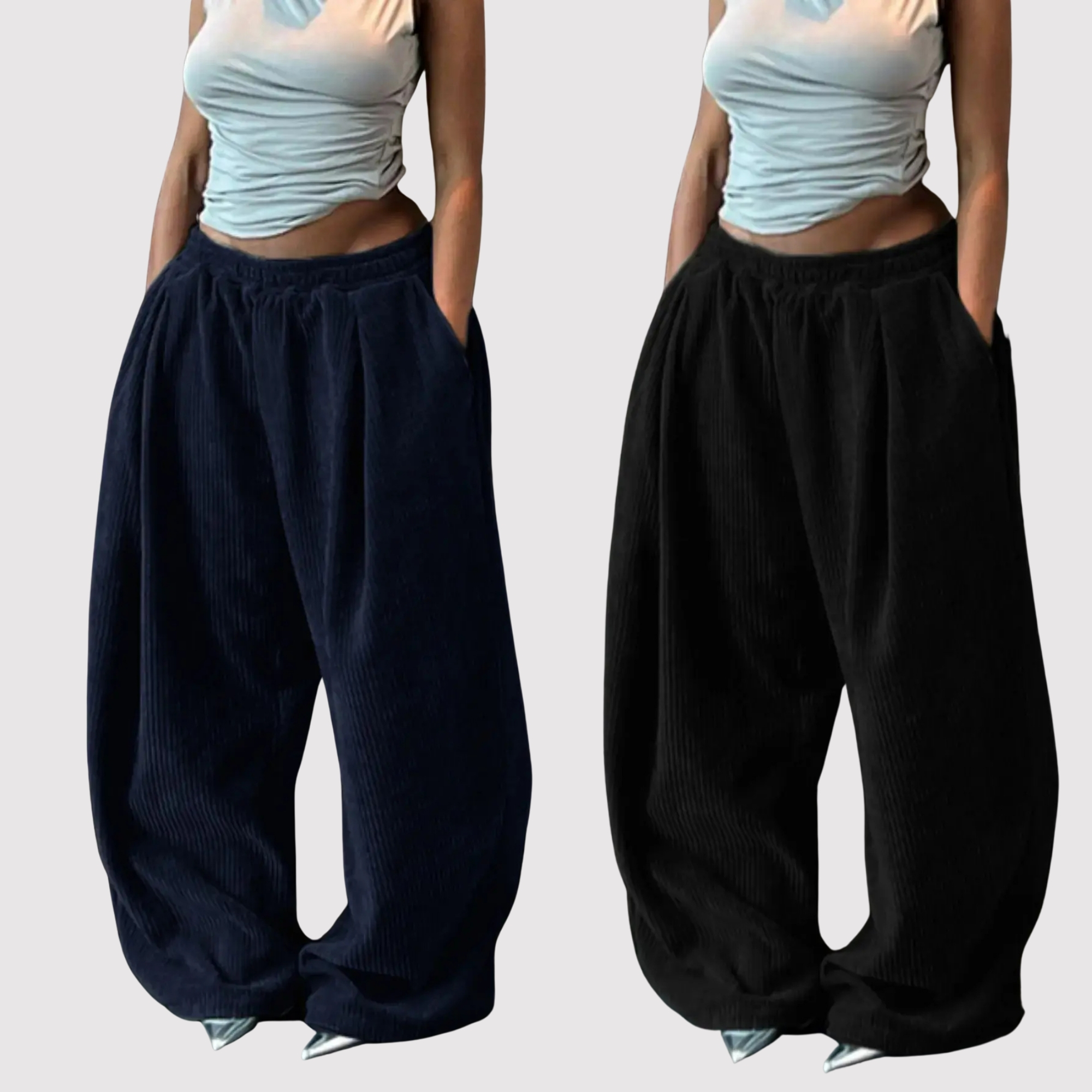 Pack Of 2 Textured Loose Fit Casual Trousers With Drawstring For Women