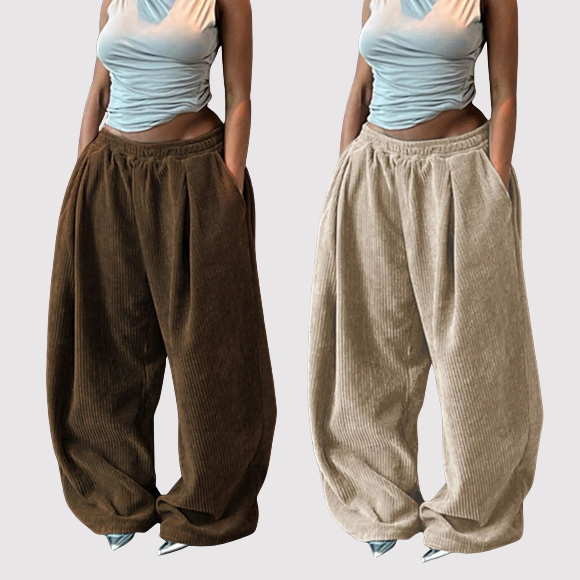 Pack Of 2 Textured Loose Fit Casual Trousers With Drawstring For Women
