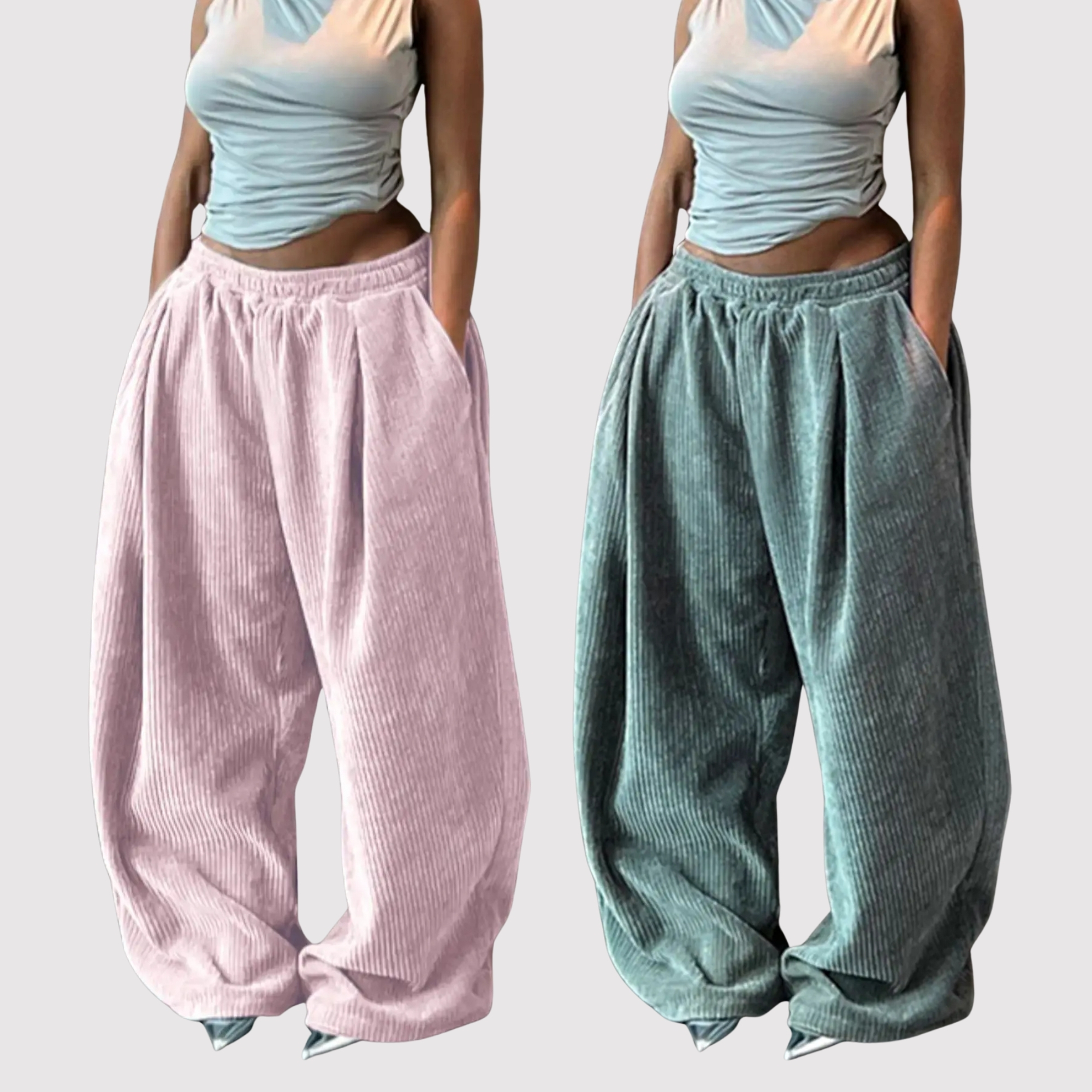 Pack Of 2 Textured Loose Fit Casual Trousers With Drawstring For Women