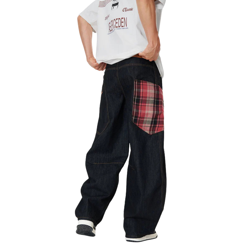 Plaid Pocket Barrel Jeans-My Comfy Pant