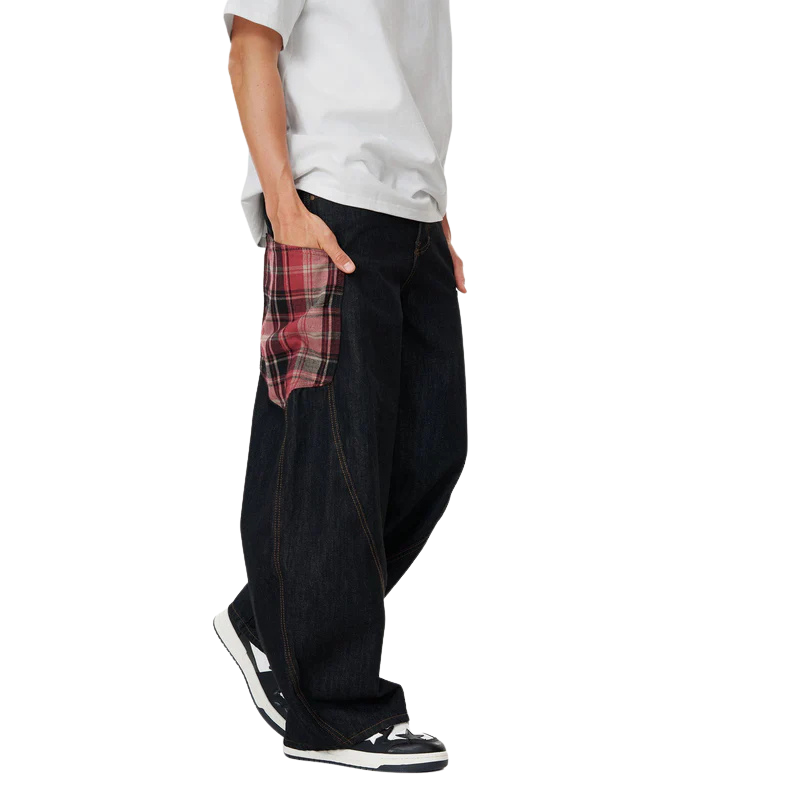 Plaid Pocket Barrel Jeans-My Comfy Pant