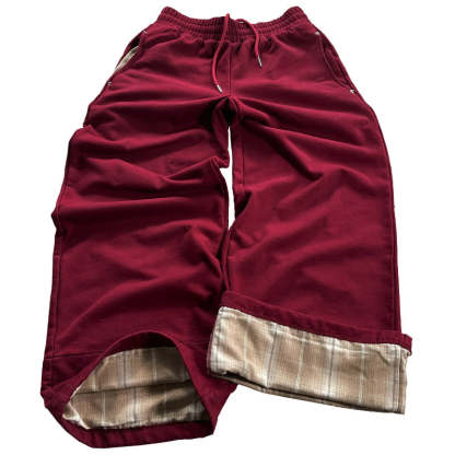 Plaid Lined Wide Length Drawstring Sweatpants With Side Pockets-My Comfy Pant