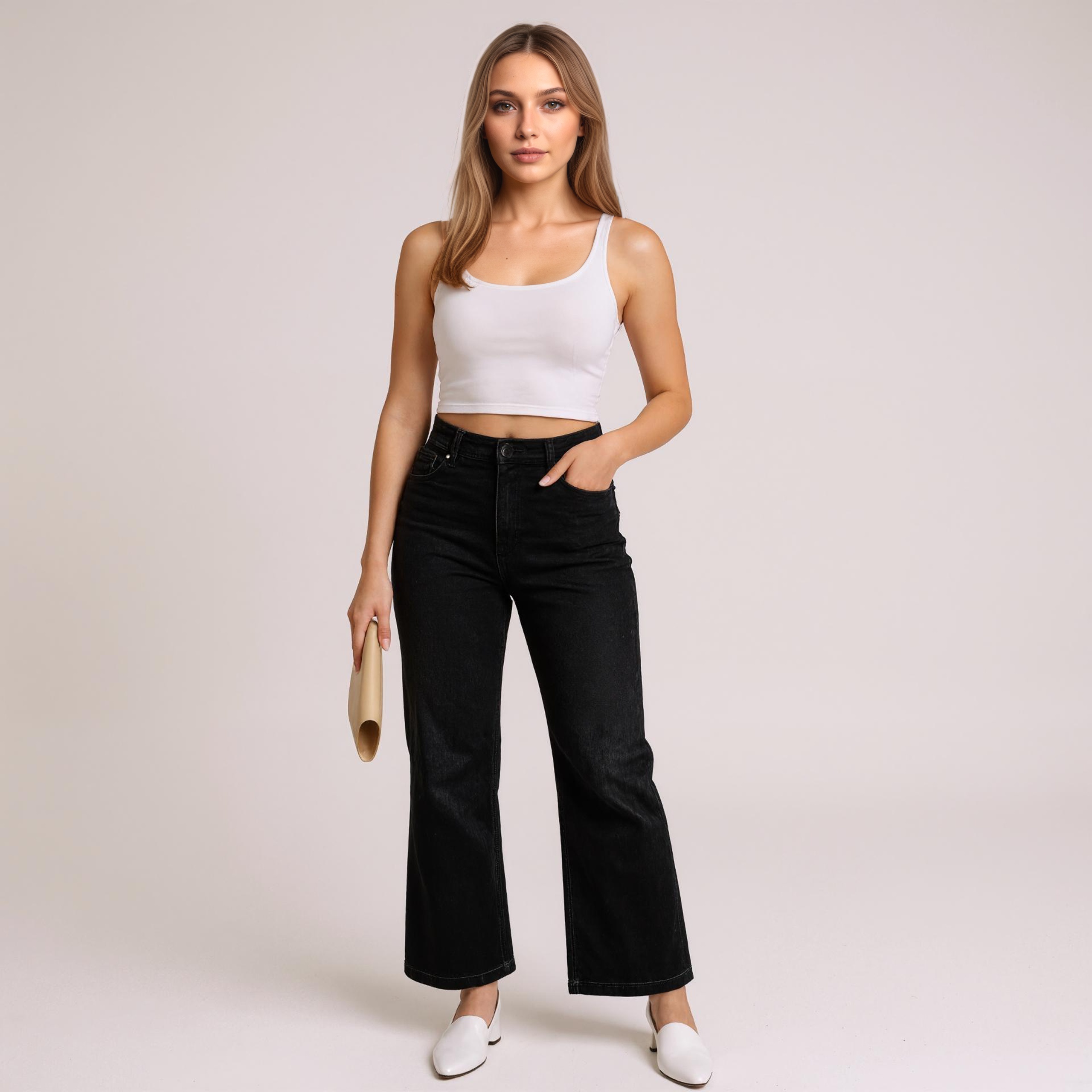 Pull On Denim Jeans Front Seam Accent