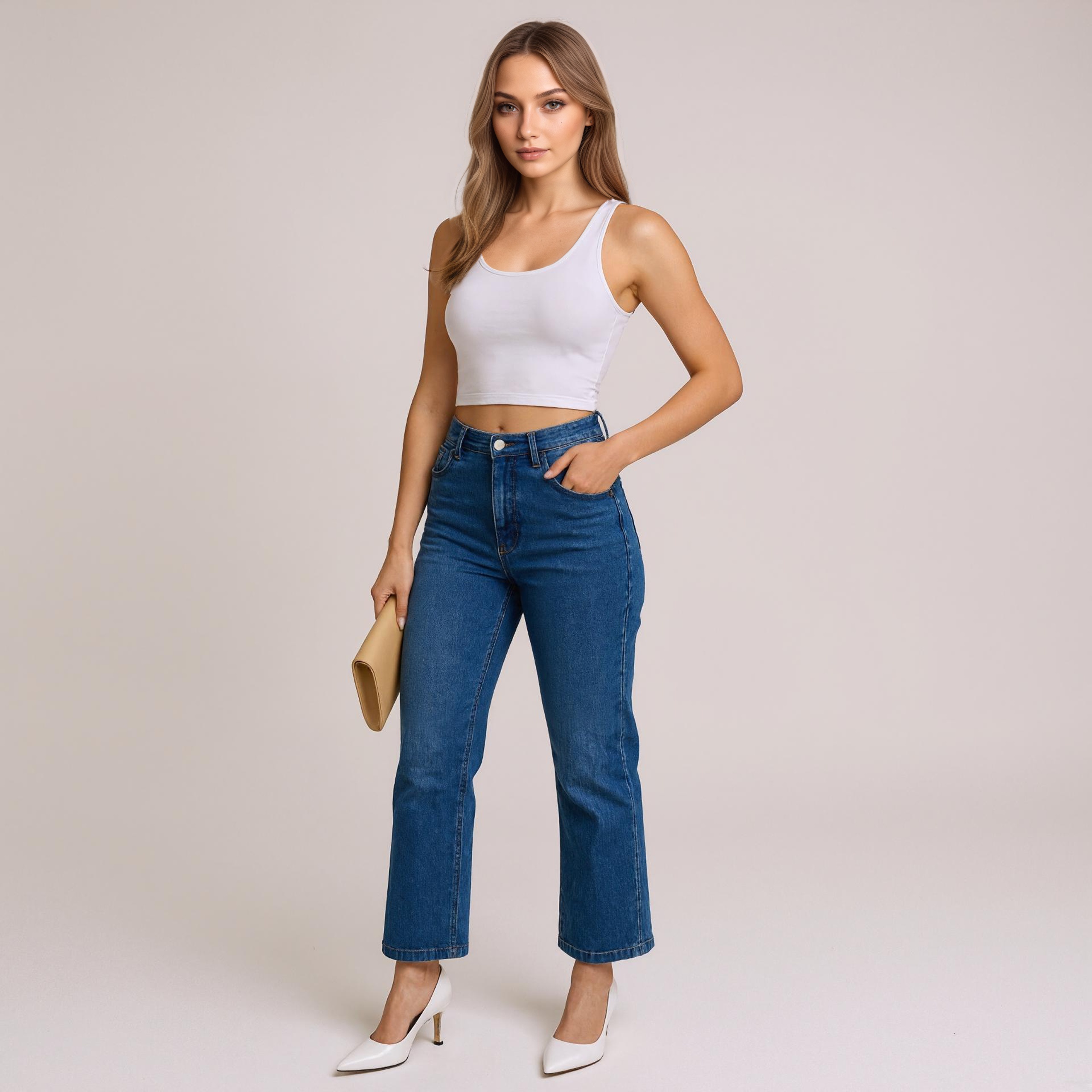 Pull On Denim Jeans Front Seam Accent