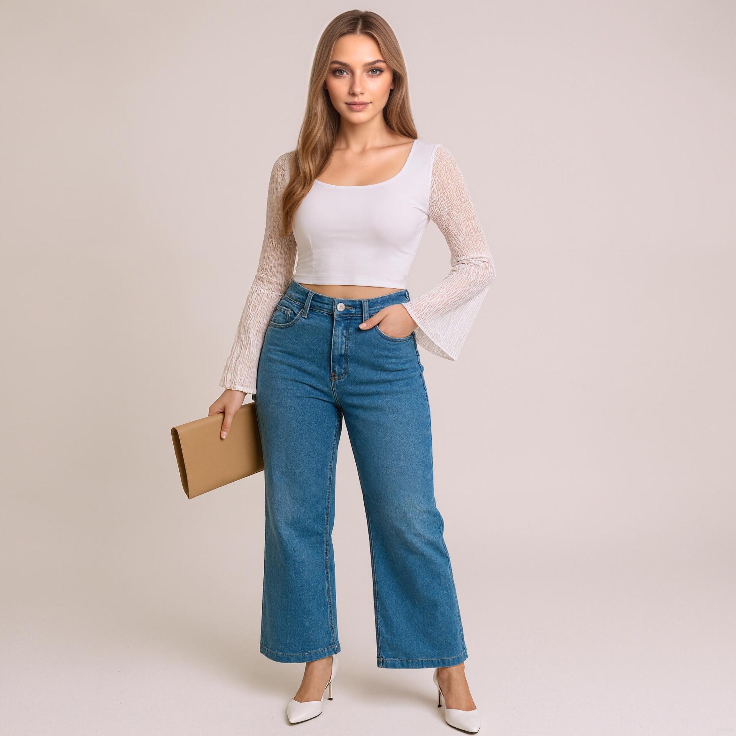 Pull On Denim Jeans Front Seam Accent