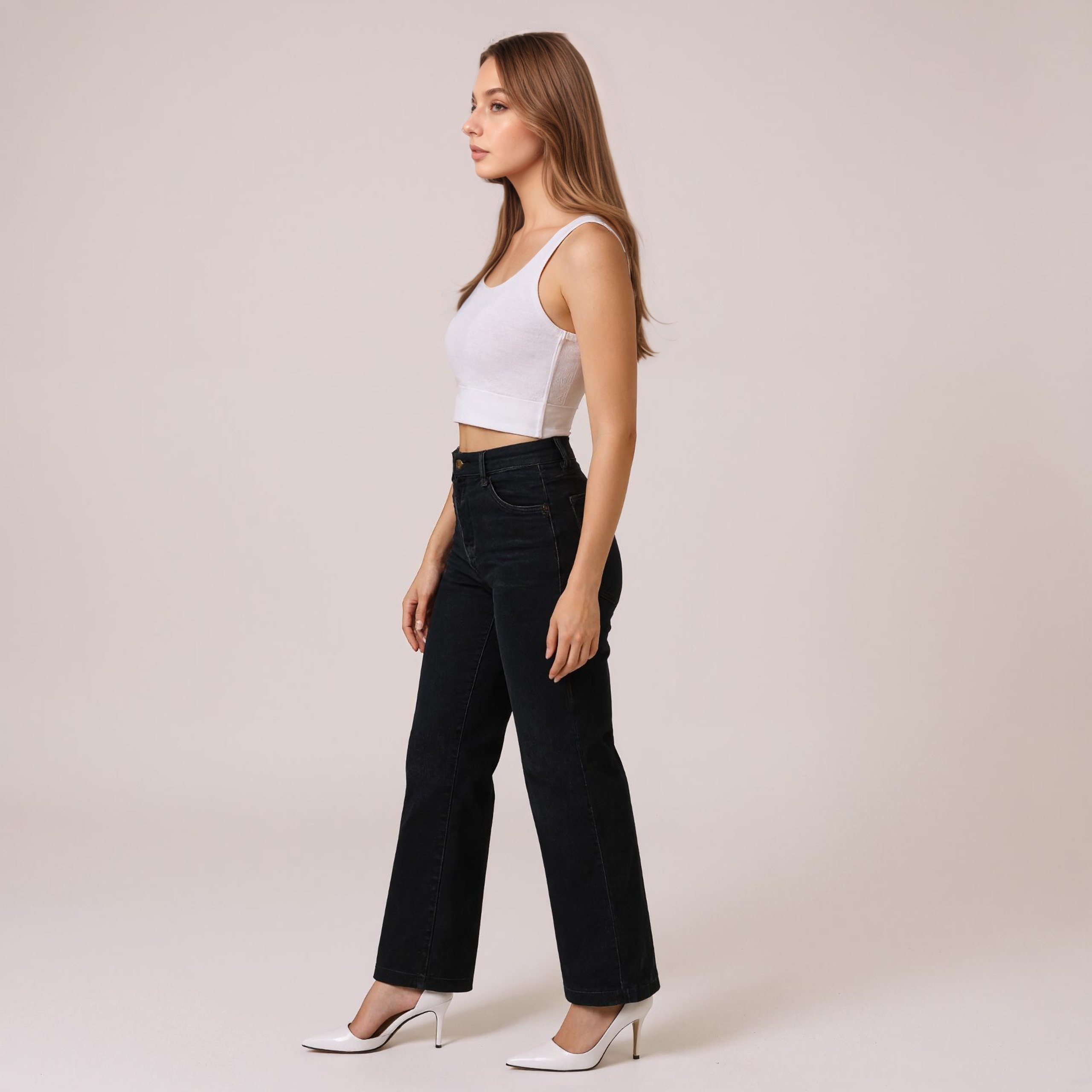 Pull On Denim Jeans Front Seam Accent