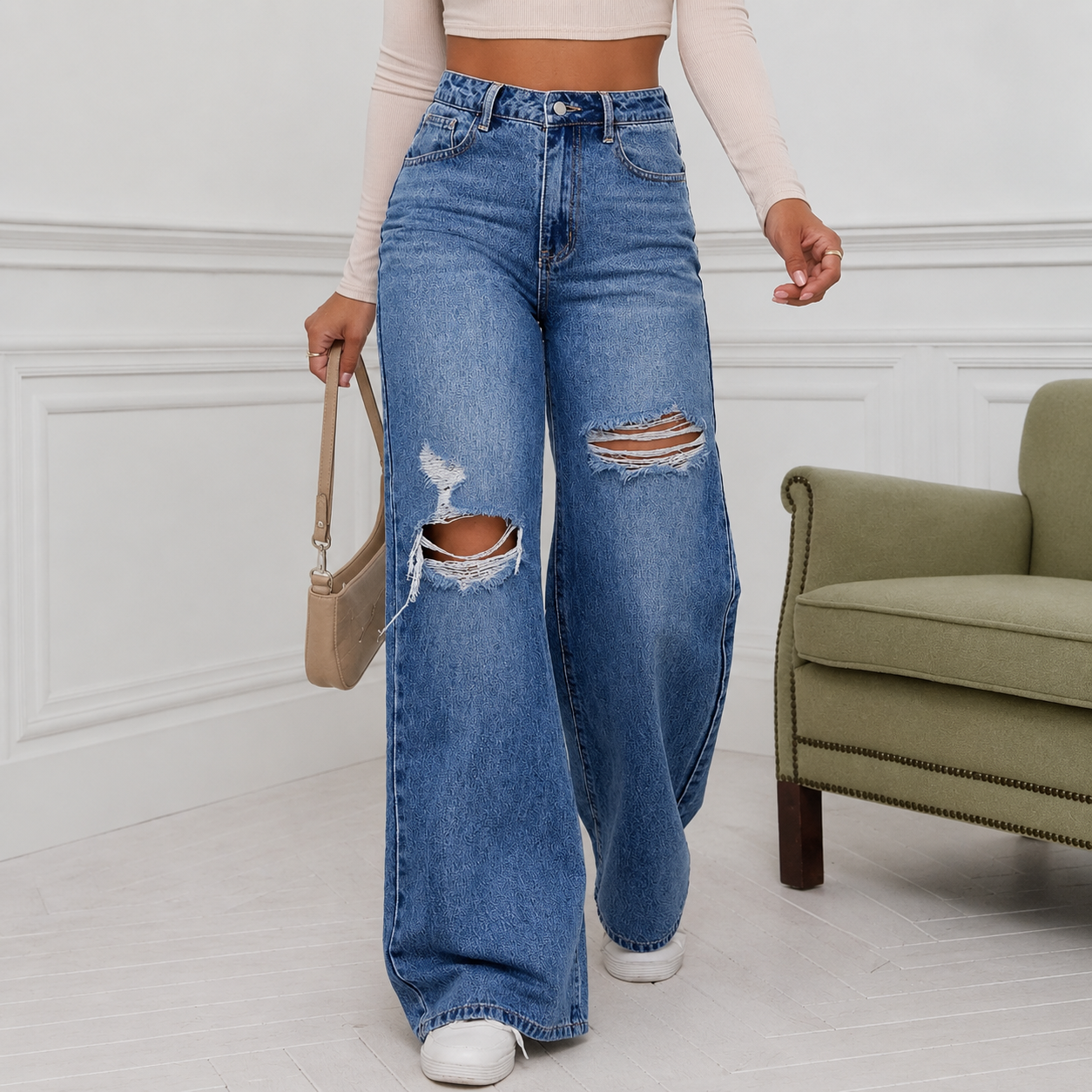 Ripped Loose Fit Button Fly Denim Jeans