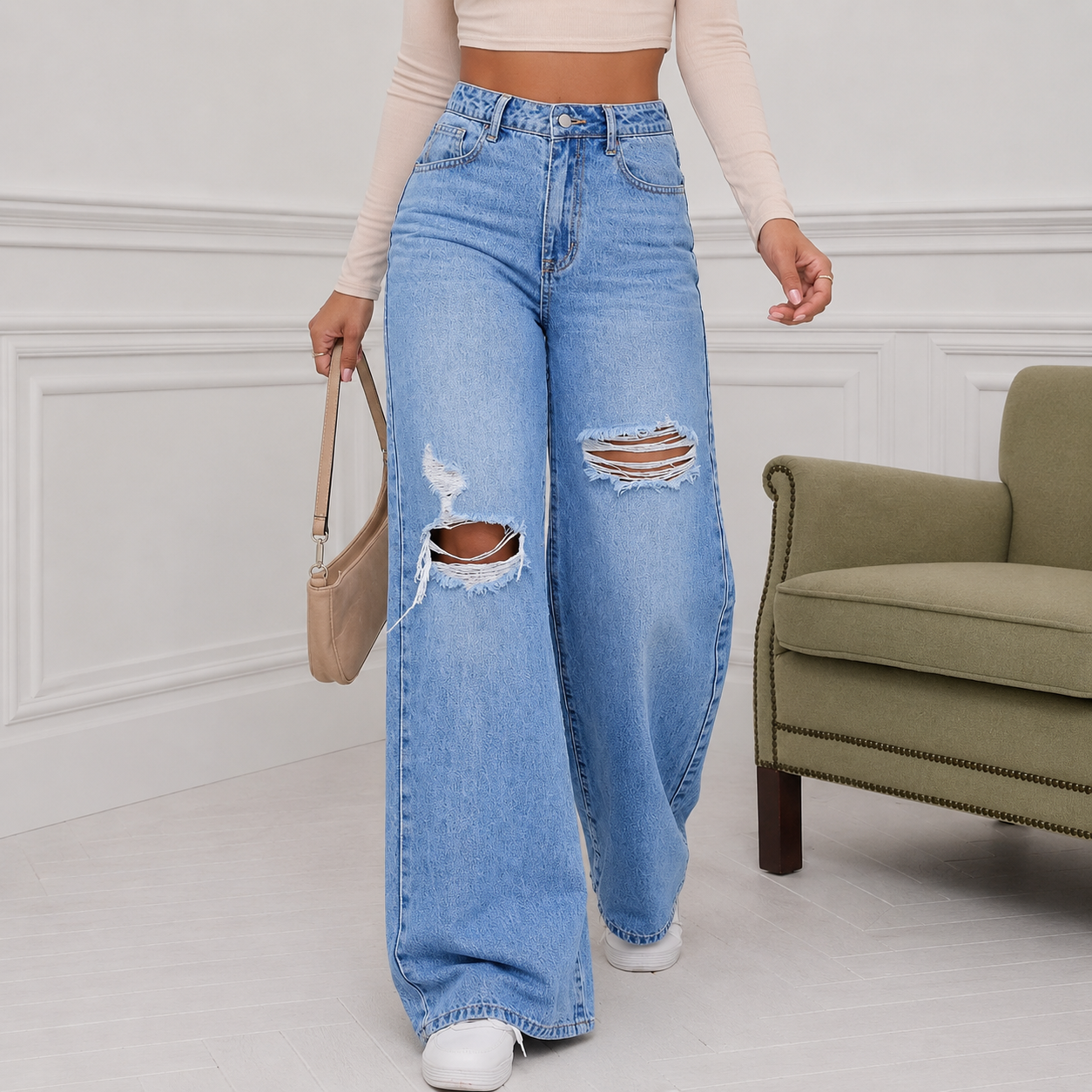 Ripped Loose Fit Button Fly Denim Jeans