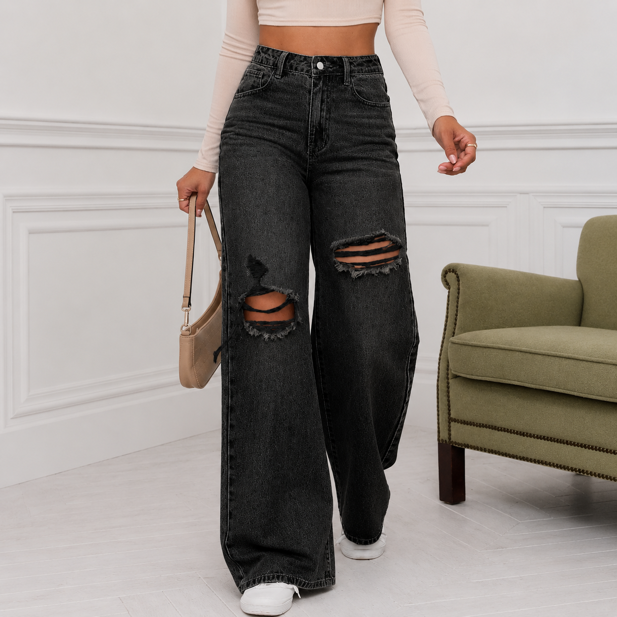 Ripped Loose Fit Button Fly Denim Jeans