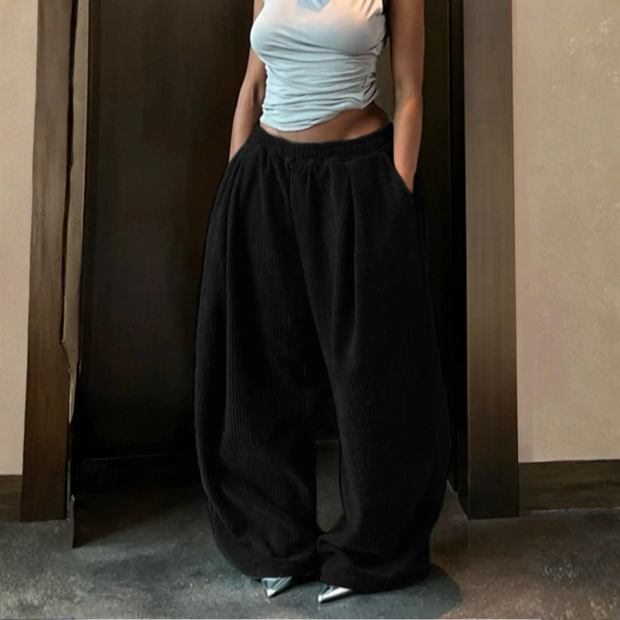 Pack Of 2 Textured Loose Fit Casual Trousers With Drawstring For Women