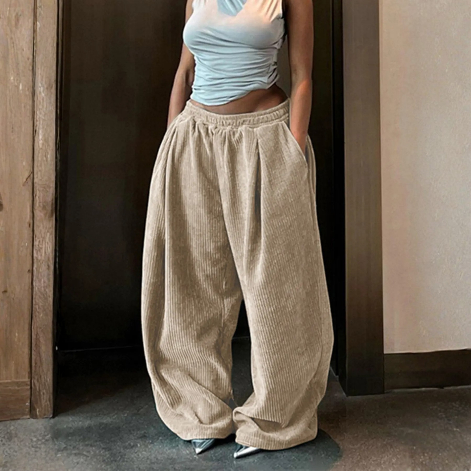 Pack Of 2 Textured Loose Fit Casual Trousers With Drawstring For Women