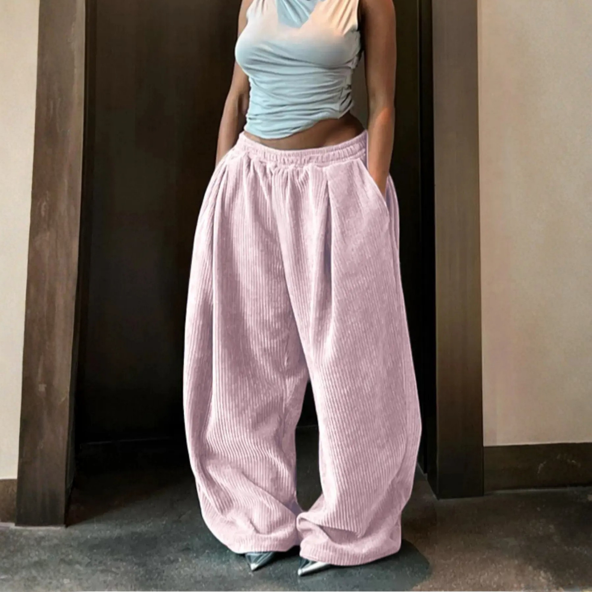 Pack Of 2 Textured Loose Fit Casual Trousers With Drawstring For Women