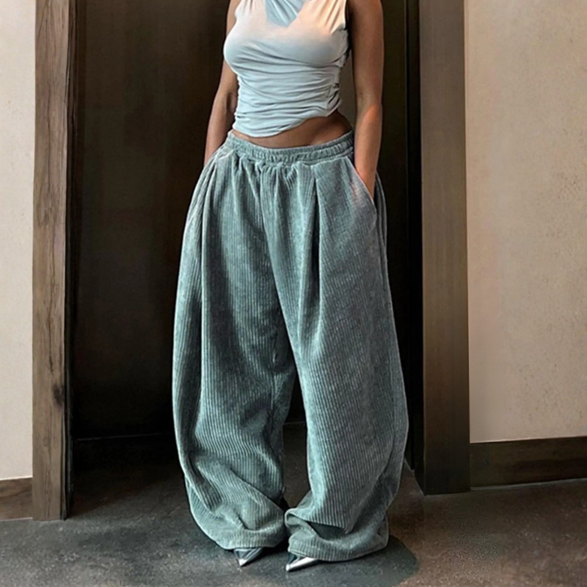 Textured Loose Fit Casual Trousers With Drawstring For Women