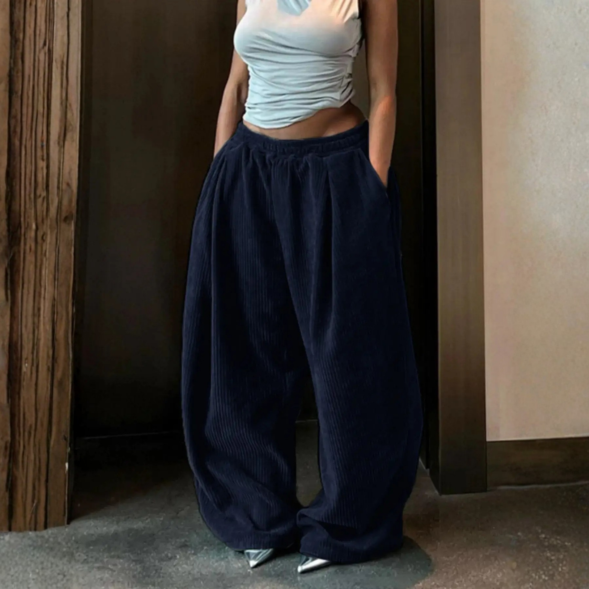 Textured Loose Fit Casual Trousers With Drawstring For Women