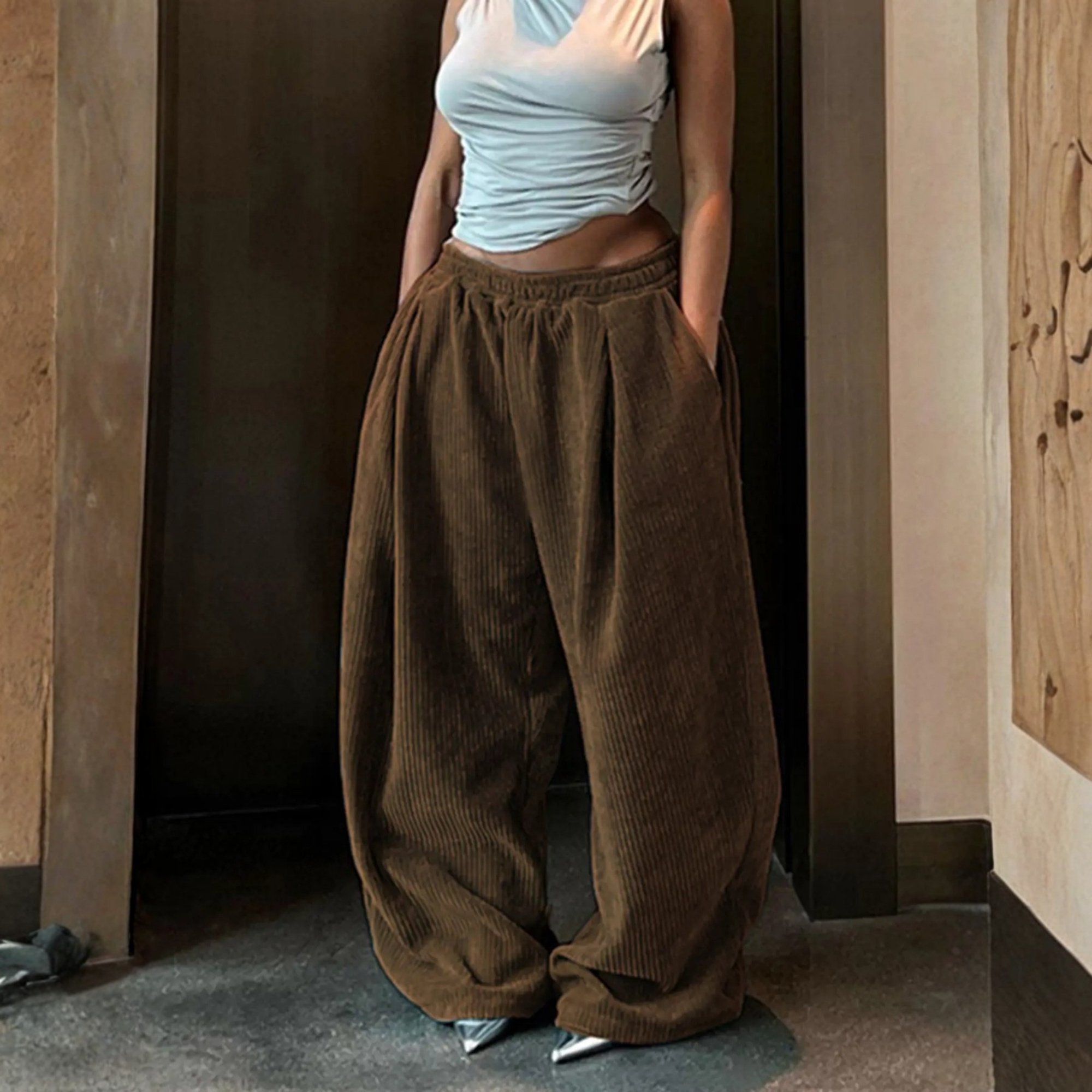 Textured Loose Fit Casual Trousers With Drawstring For Women