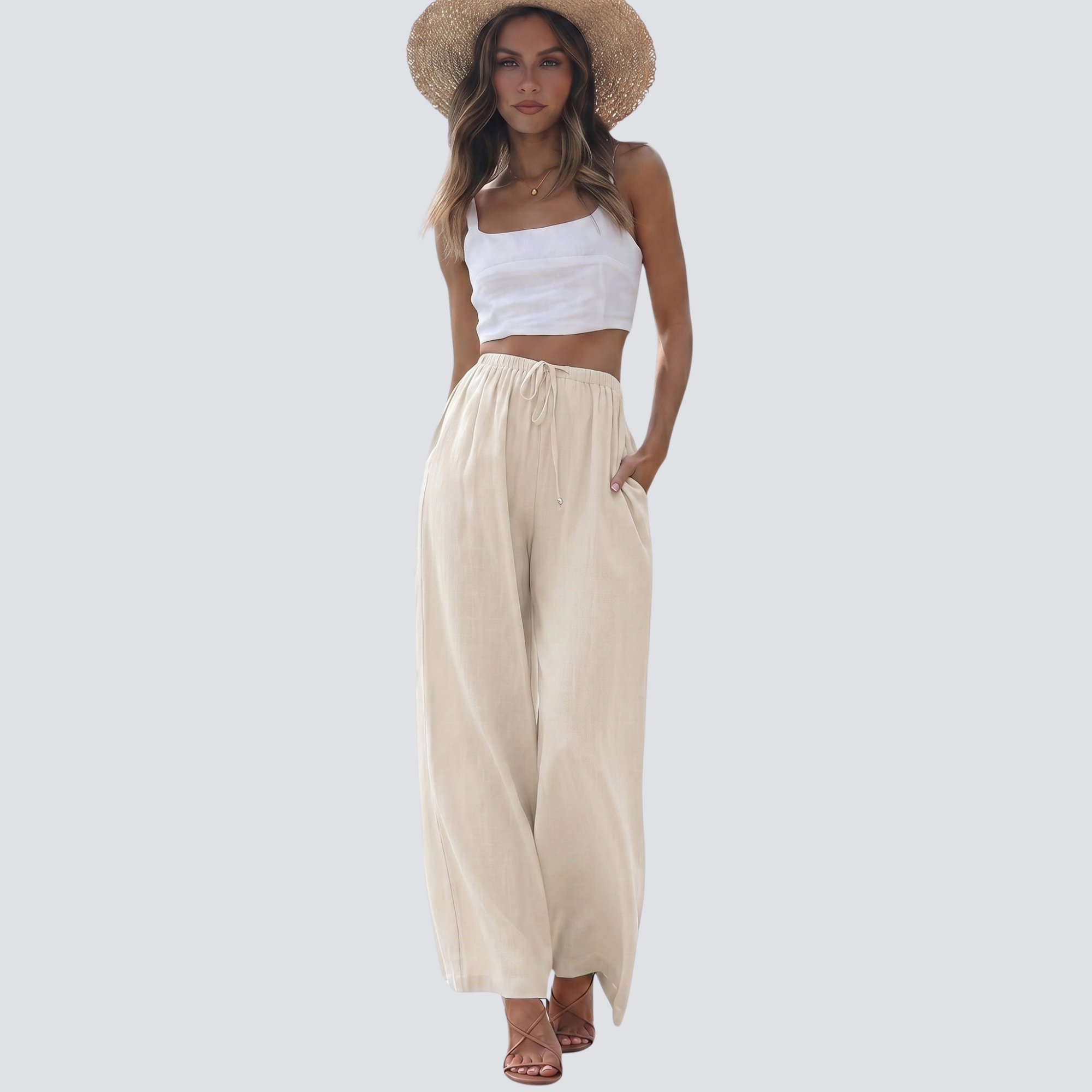 Cotton Linen Summer Wide Beach Palazzo Pants Pockets For Women
