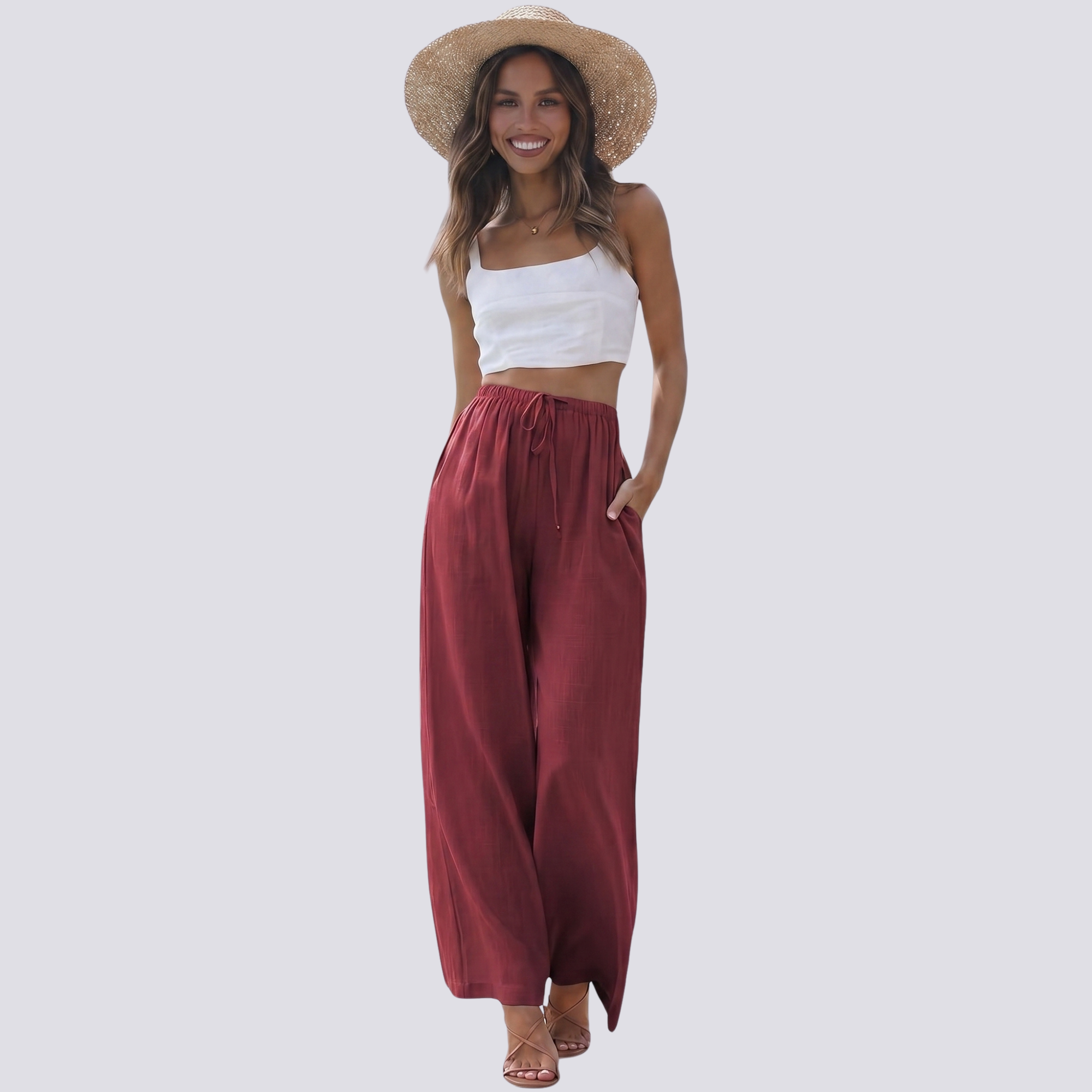 Cotton Linen Summer Wide Beach Palazzo Pants Pockets For Women