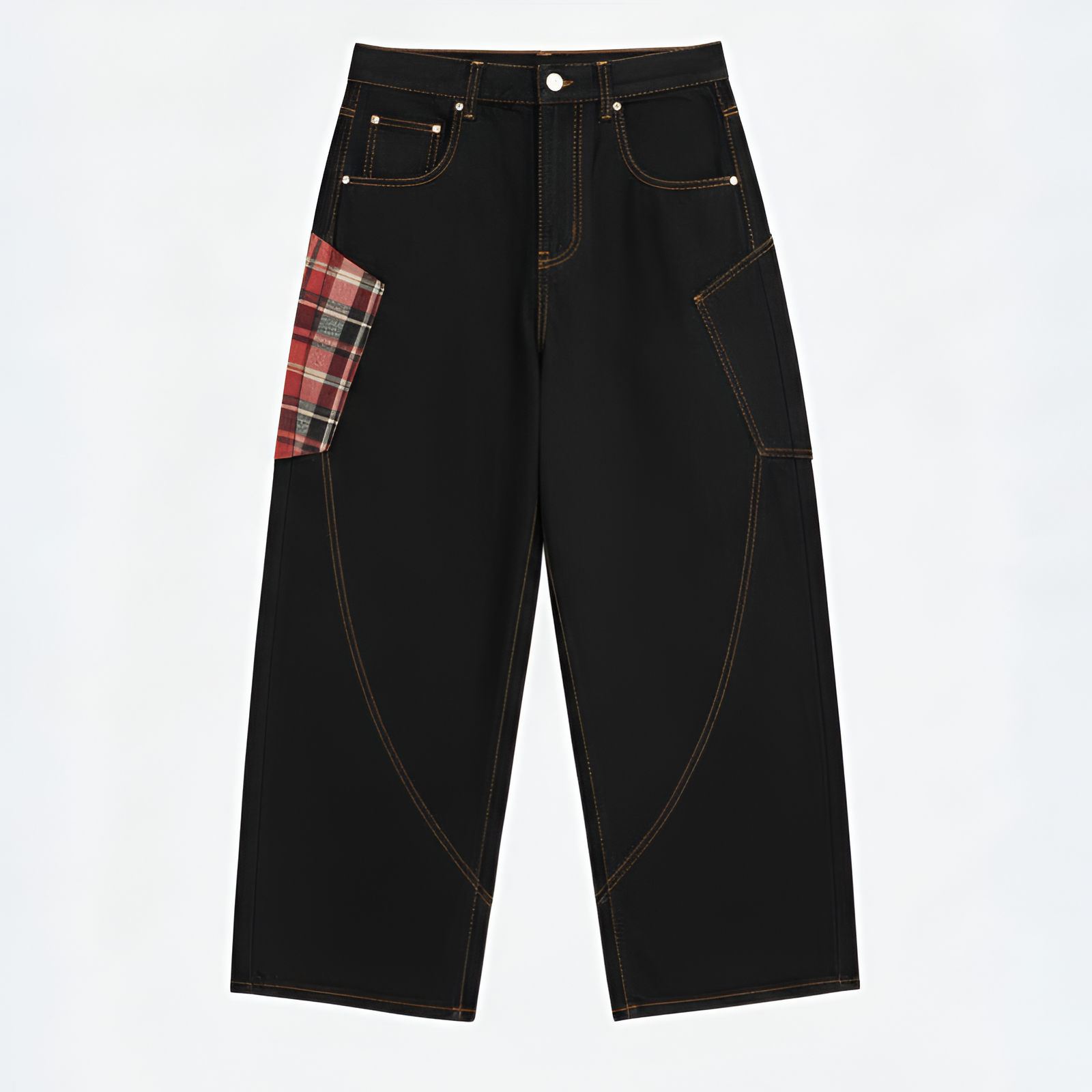 Oversized Baggy Jeans With Plaid Pocket Design