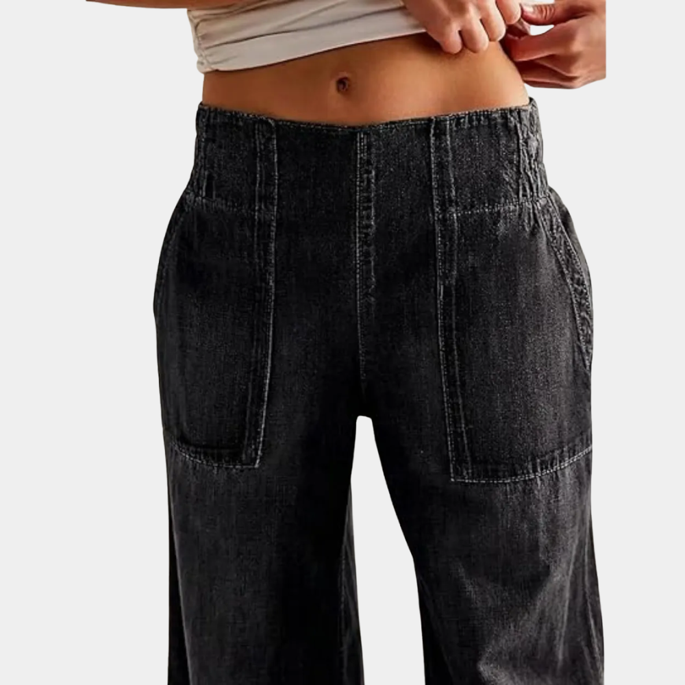 Soft Baggy Denim Pants With Pull On Style And Elastic Fit For Women