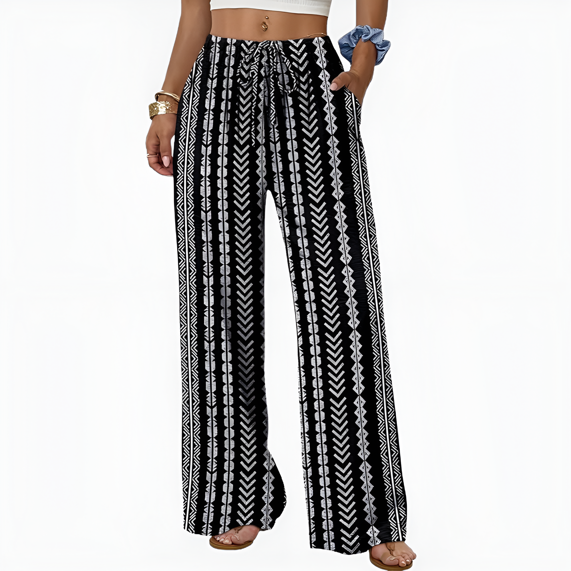 Flowy Palazzo Pants With Pockets And Drawstring Style For Women