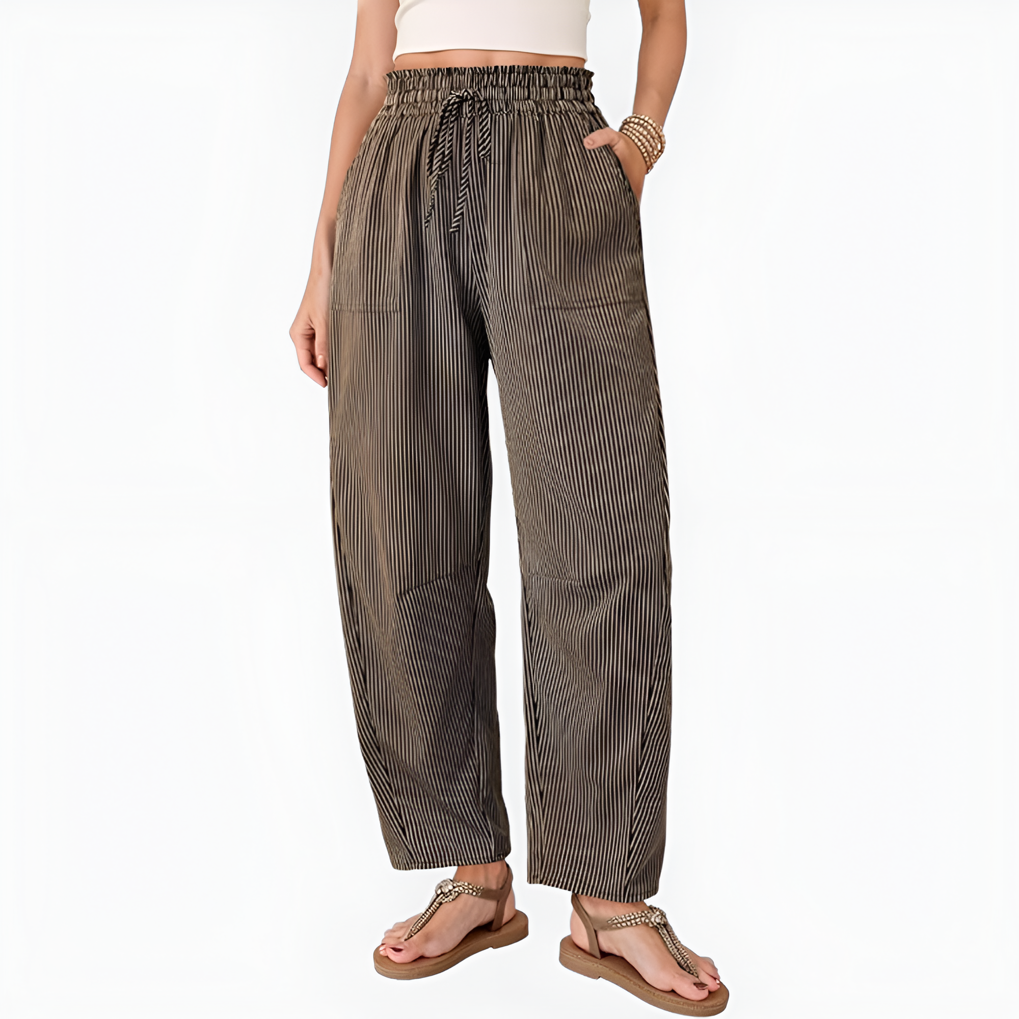 Striped Barrel Casual High Rise Pants For Women