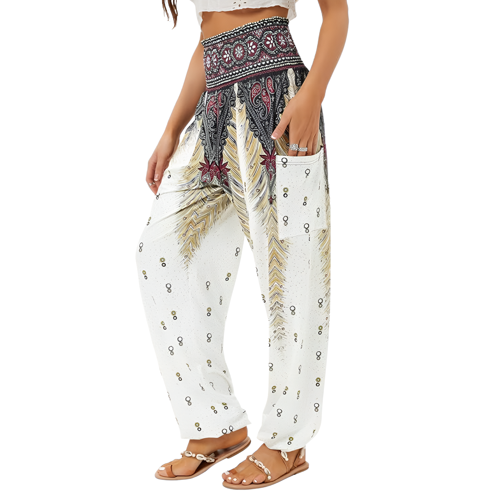 High Rise Printed Yoga Boho Pants With Pockets For Women