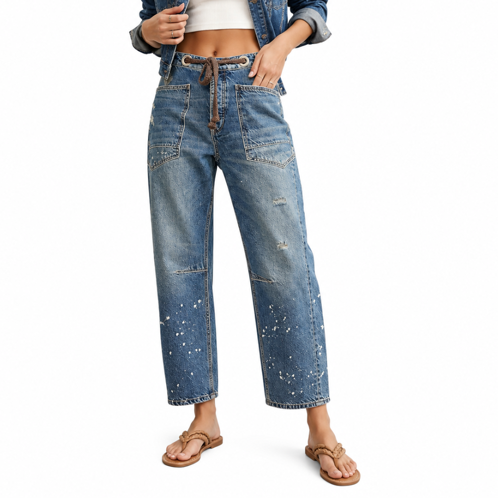 Mid Low Rise Drawstring Baggy Boho Denim Pants For Women