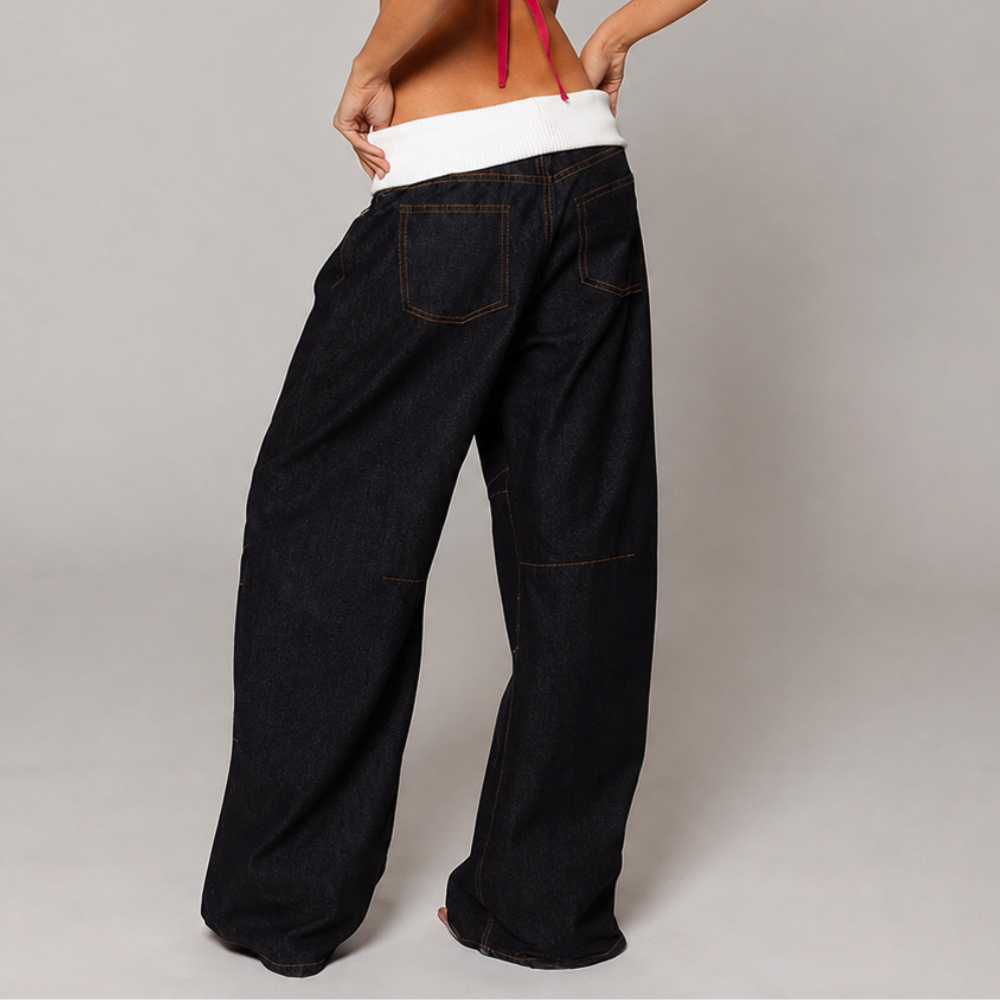 Street Style Wide Contrast Fold Over Stitch Seam Jeans For Women