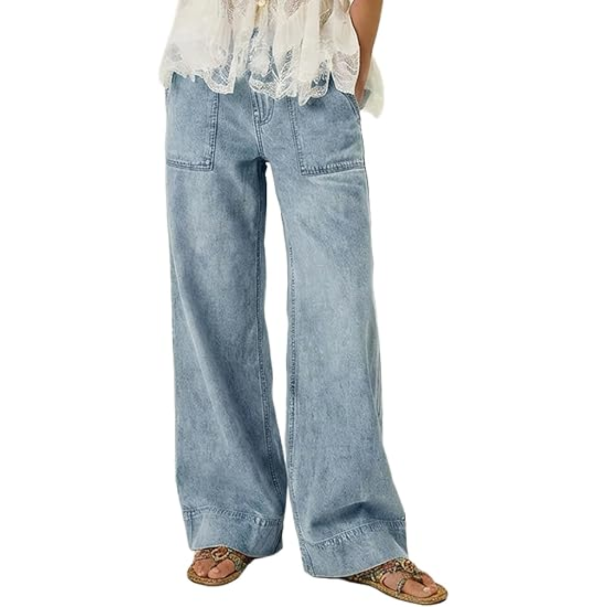 Soft Baggy Denim Pants With Pull On Style And Elastic Fit For Women