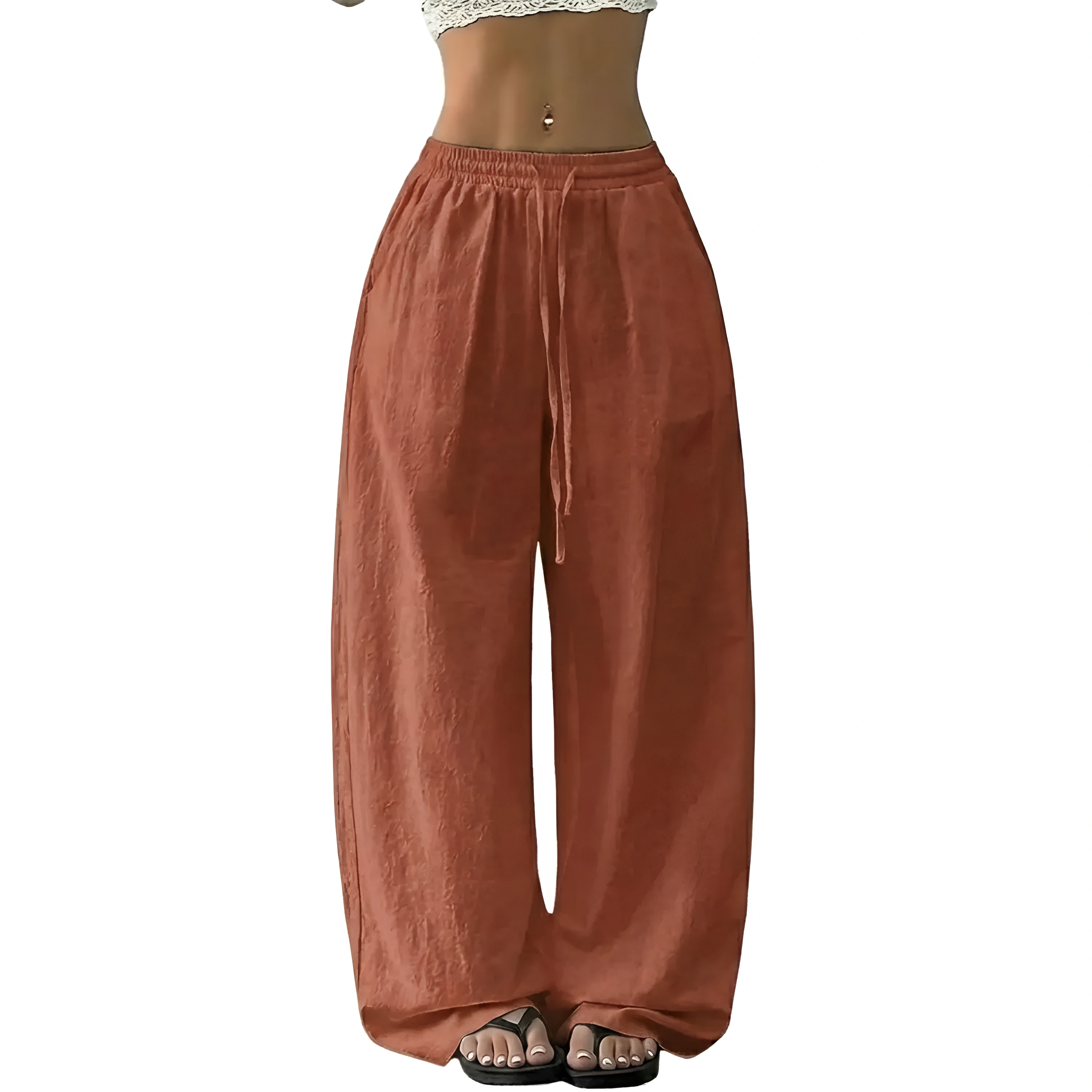 Boho Linen Wide Palazzo Drawstring Pants for Women