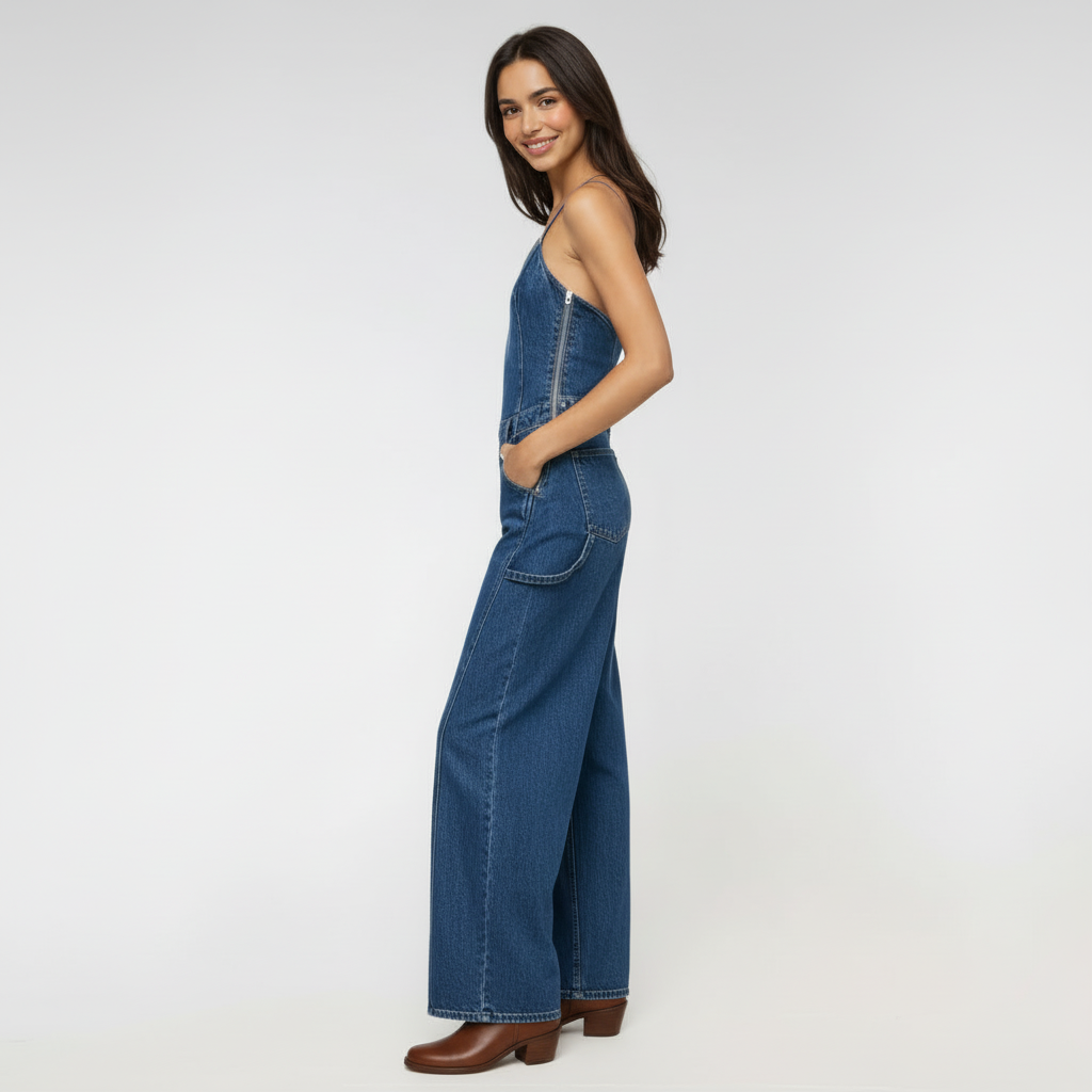 Barrel Denim Jumpsuit With Halter Tie Back For Women