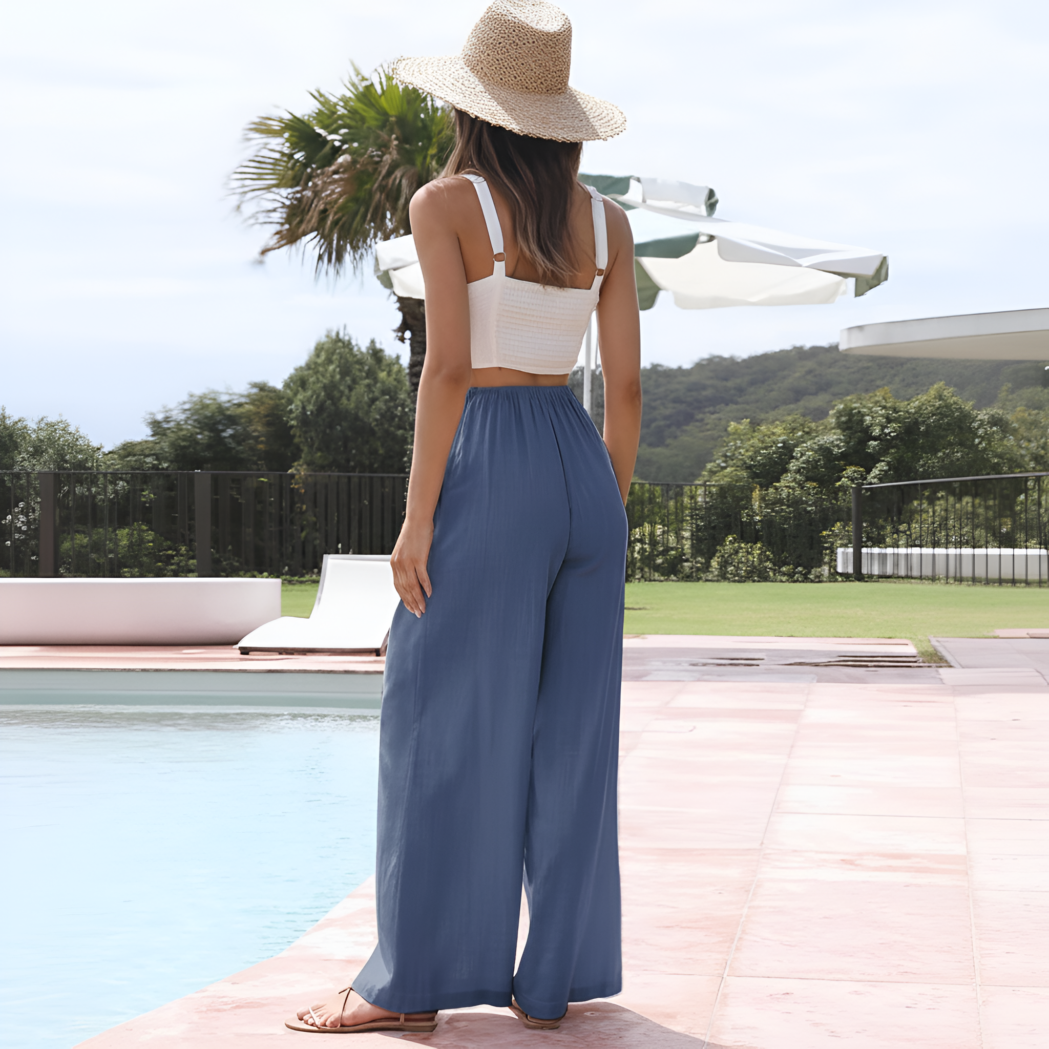 Flowy Summer Wide Fit Beach Palazzo Pants With Pockets For Women