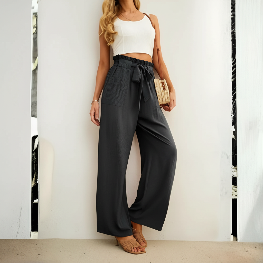 High Rise Adjustable Wide Fit Casual Trousers With Pockets For Women