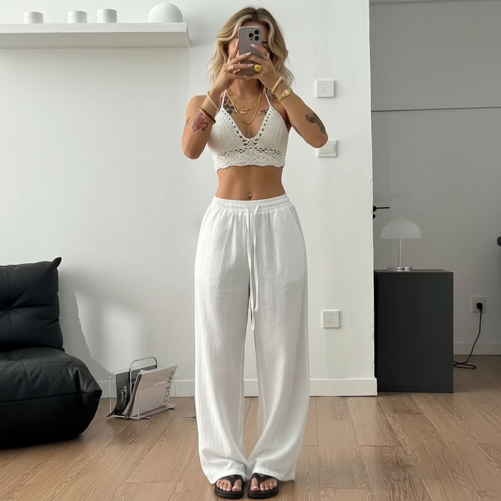 Casual Loose Fit Straight Trousers With Adjustable Drawstring