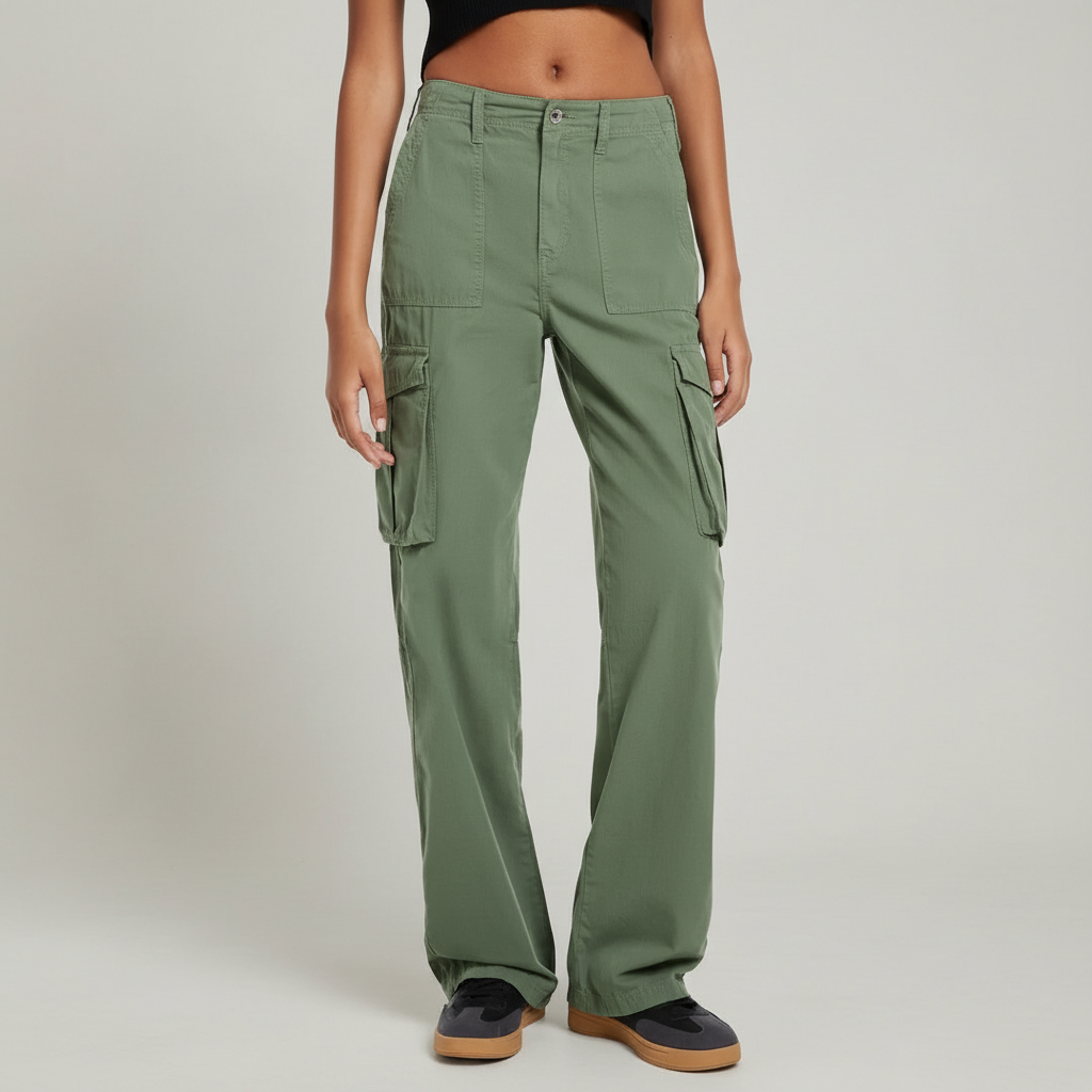 High Rise Straight Fit Cargo Pants With Wide Pocket