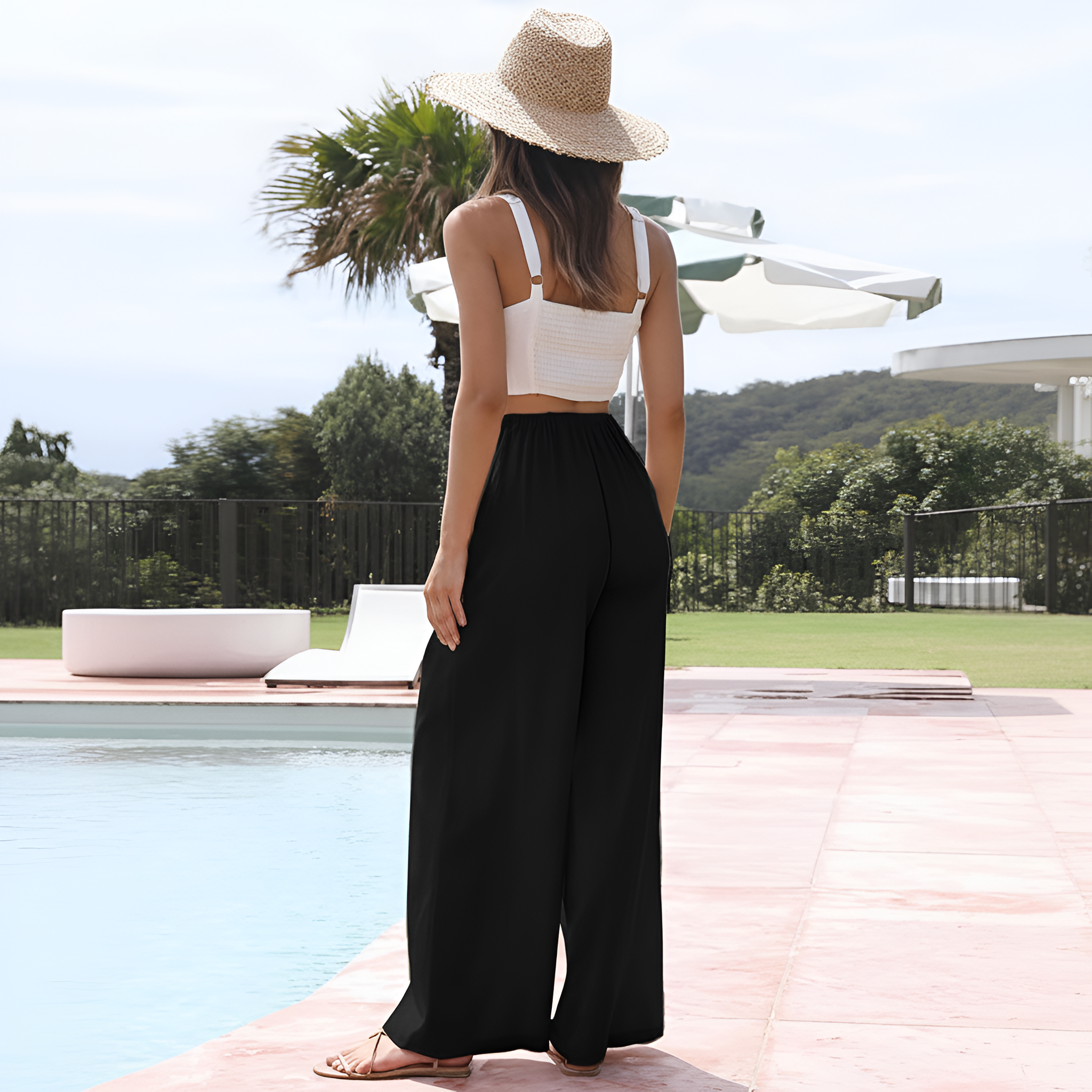 Flowy Summer Wide Fit Beach Palazzo Pants With Pockets For Women