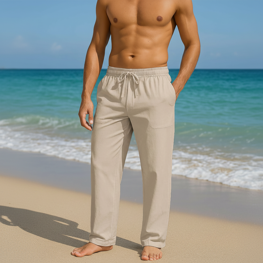 Summer Beach Drawstring Linen Pants for MenSummer Casual Loose Fit Beach Pants With Elastic Drawstring For Men - Image 4