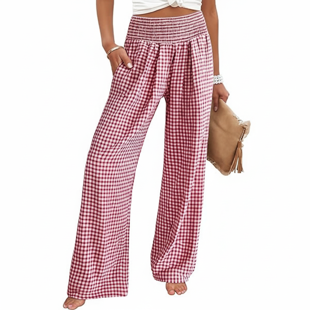 Wide Vertical Gingham Palazzo Pants For Women