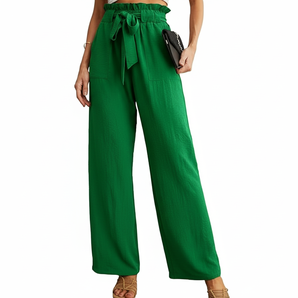 High Rise Adjustable Wide Fit Casual Trousers With Pockets For Women
