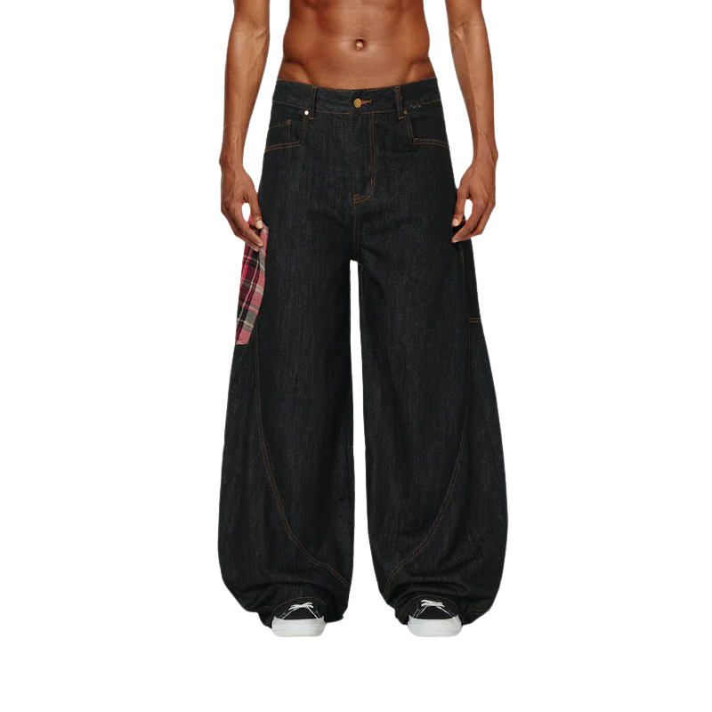 Plaid Pocket Barrel Jeans-My Comfy Pant