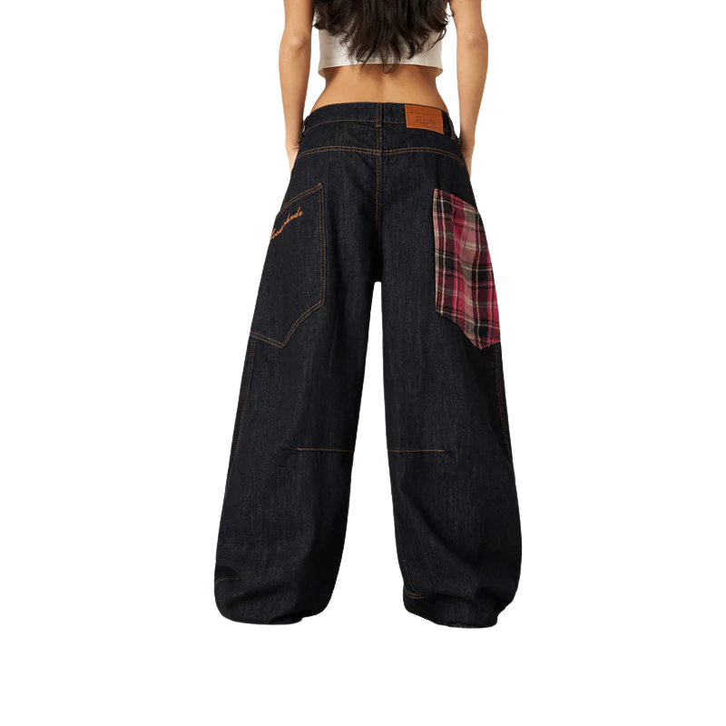 Plaid Pocket Barrel Jeans-My Comfy PantPlaid Pocket Barrel Jeans - Image 4