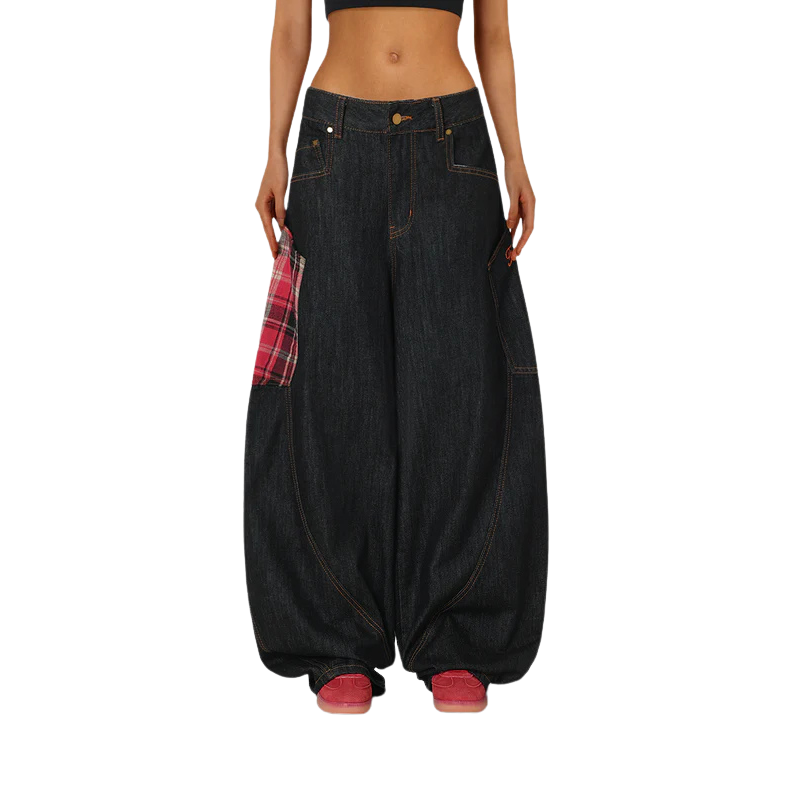 Plaid Pocket Barrel Jeans-My Comfy Pant