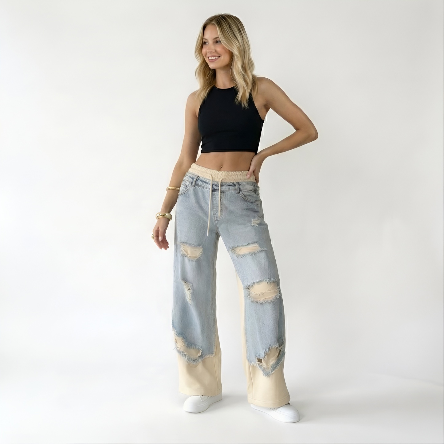 Women Denim Trousers With Stitching And Ripped Design