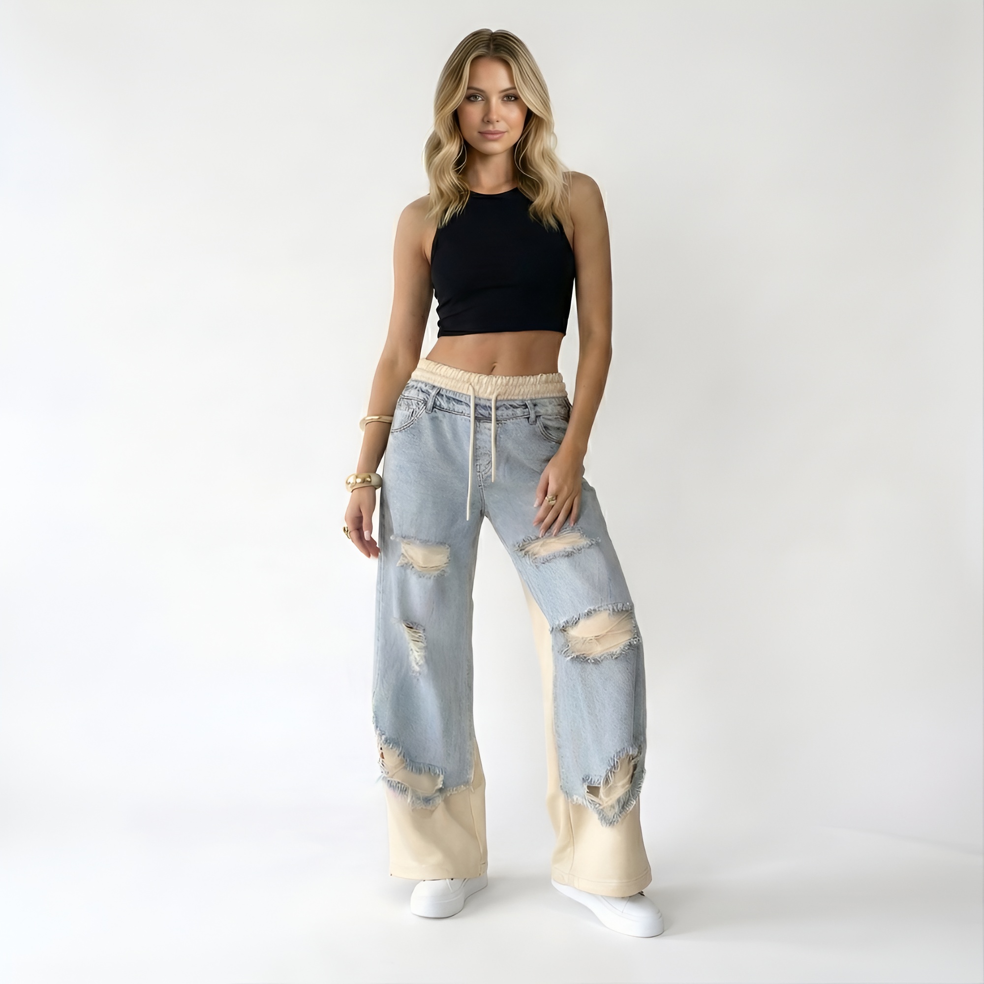 Women Denim Trousers With Stitching And Ripped Design