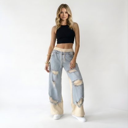 Women Denim Trousers With Stitching And Ripped Design