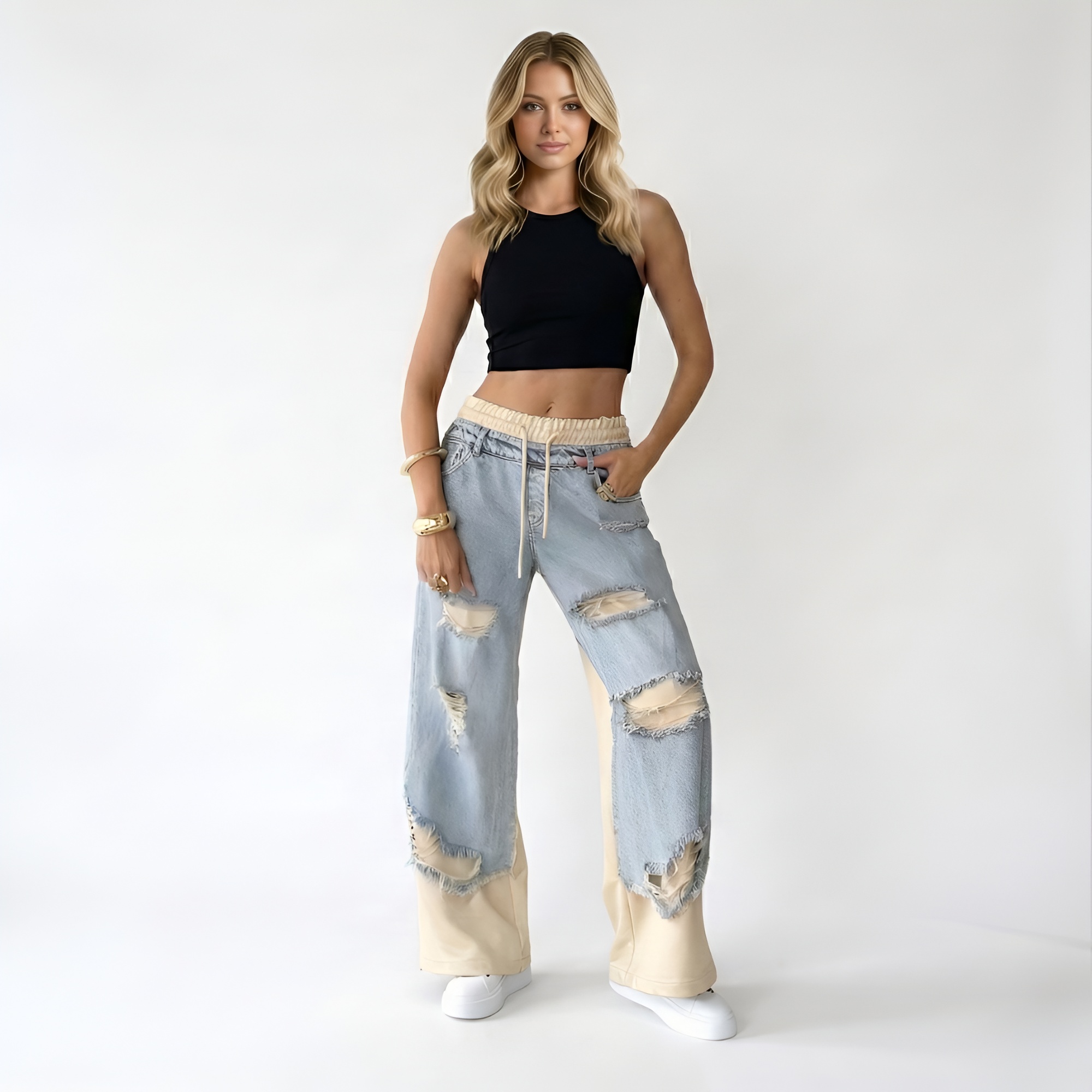 Women Denim Trousers With Stitching And Ripped Design